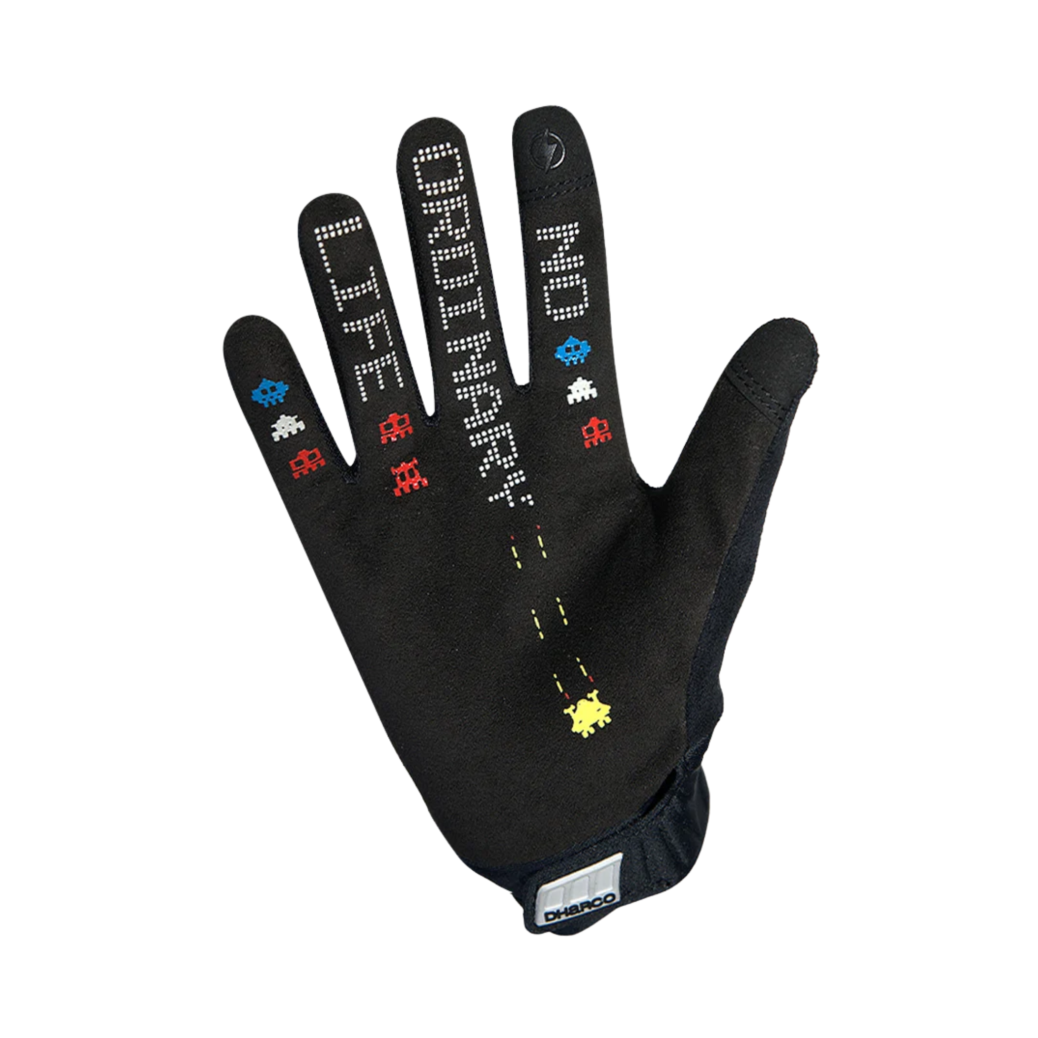Palm view of DHaRCO Youth Race Glove in Black with silicone grip for improved handlebar traction and bike control