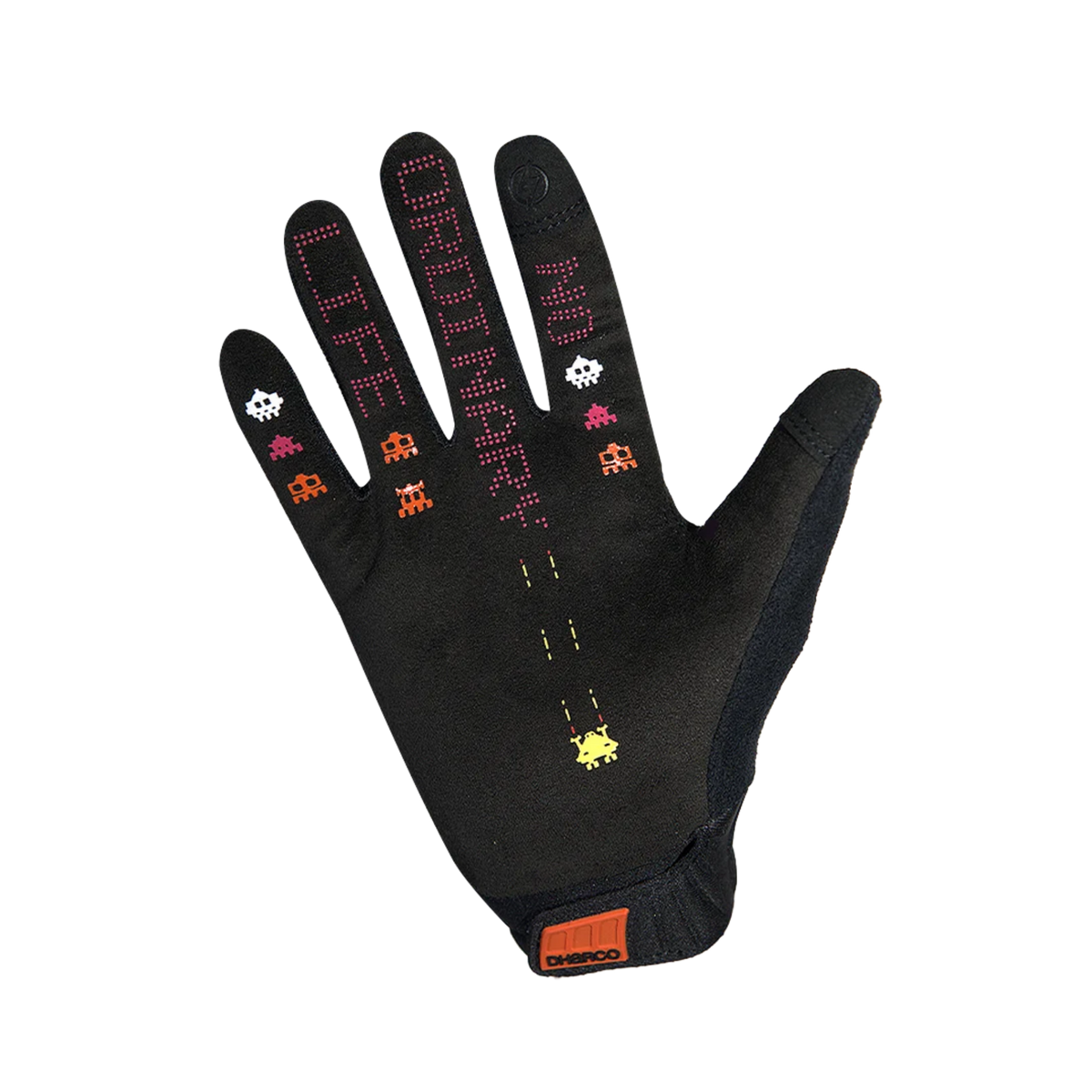 Palm view of DHaRCO Youth Race Glove in Black Snake design with silicone grip for improved handlebar traction and bike control