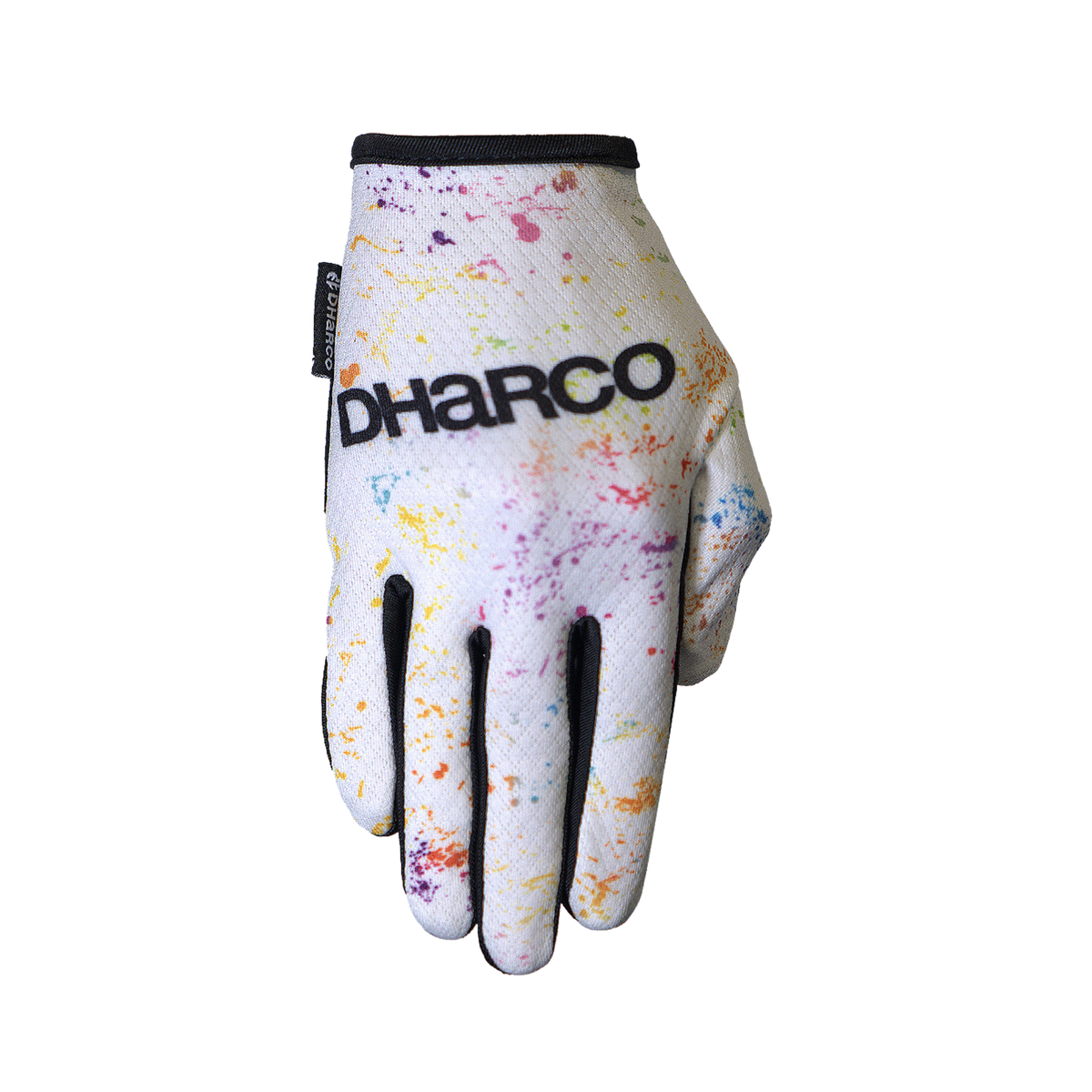 DHaRCO Youth Race Glove in Paint Splat design with silicone palm grip, breathable mesh fabric, bonded seams and touchscreen compatibility