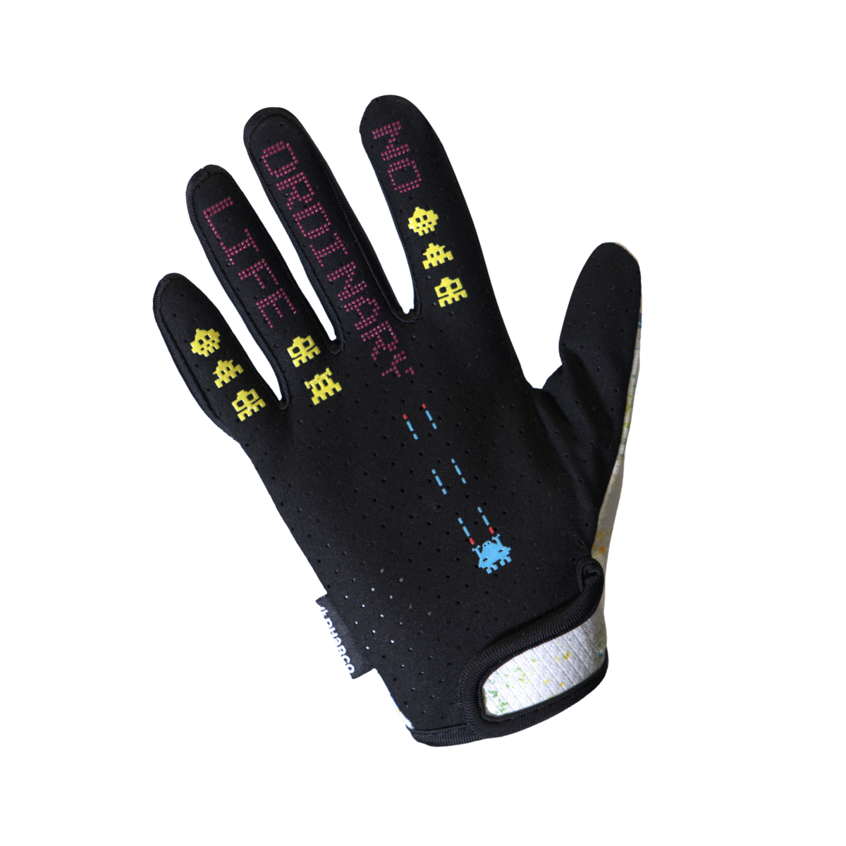 Palm view of DHaRCO Youth Race Glove in Paint Splat design with silicone grip for improved handlebar traction and bike control