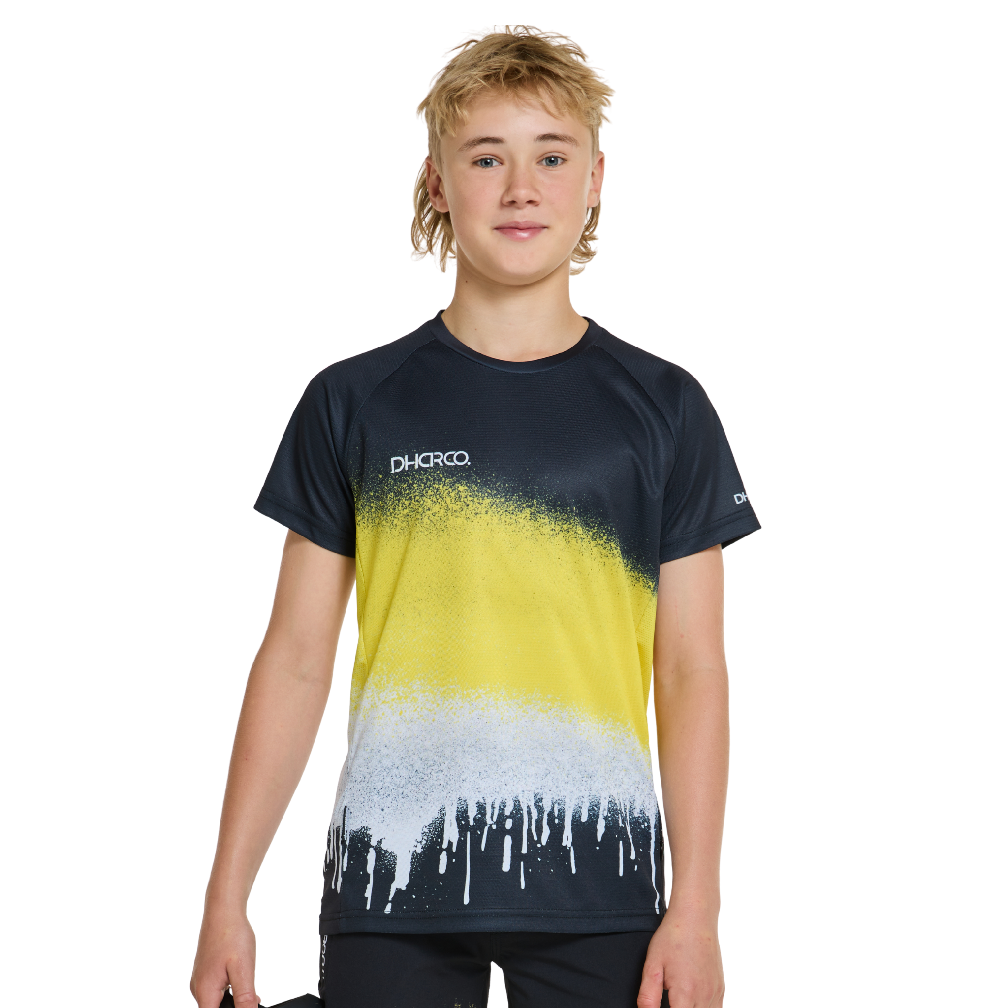 DHaRCO Youth Short Sleeve Jersey in Acid Rain design with 100% recycled quick-dry fabric, mesh side panels and zip pocket