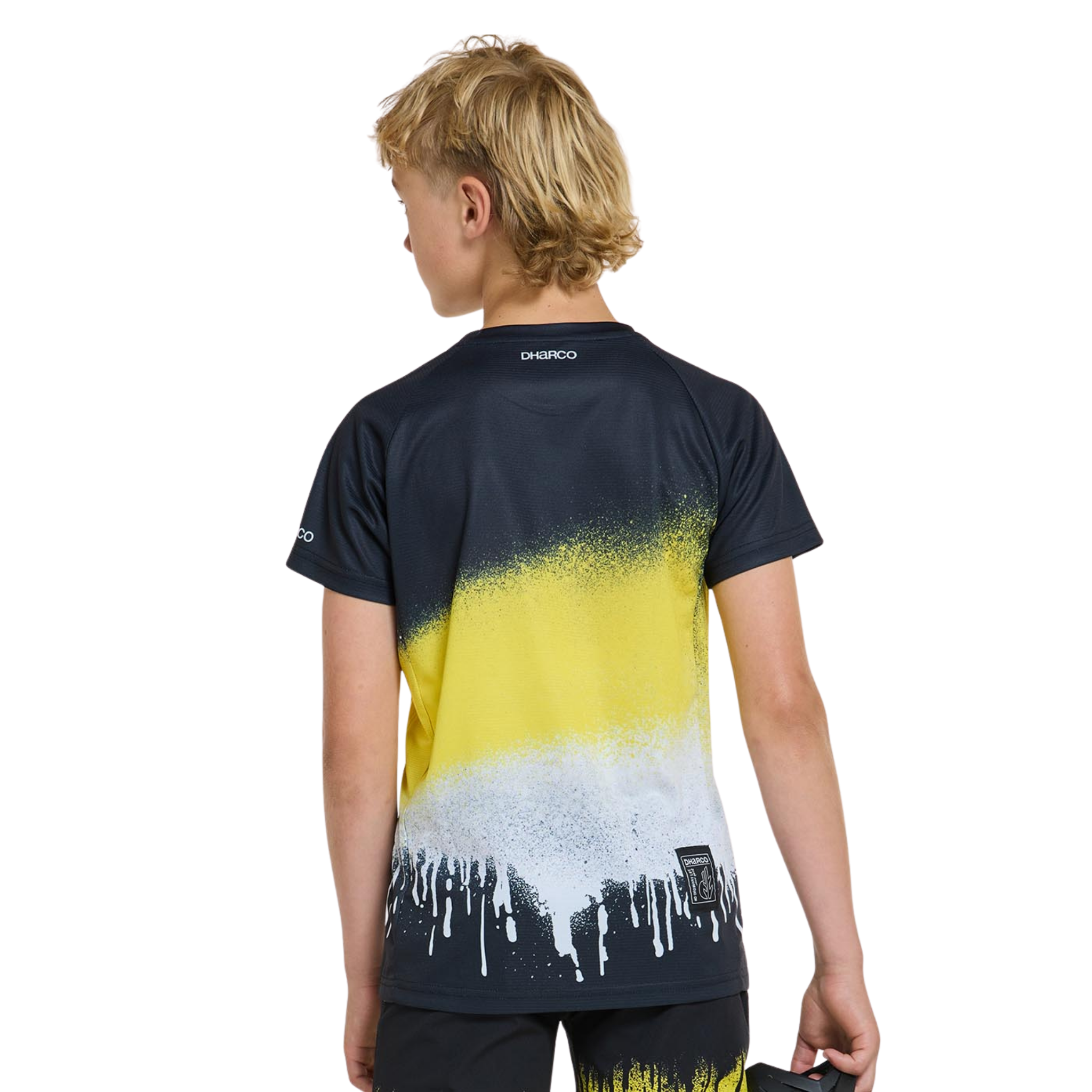 Rear view of DHaRCO Youth Short Sleeve Jersey in Acid Rain design with lightweight quick-dry recycled fabric and relaxed riding fit 
