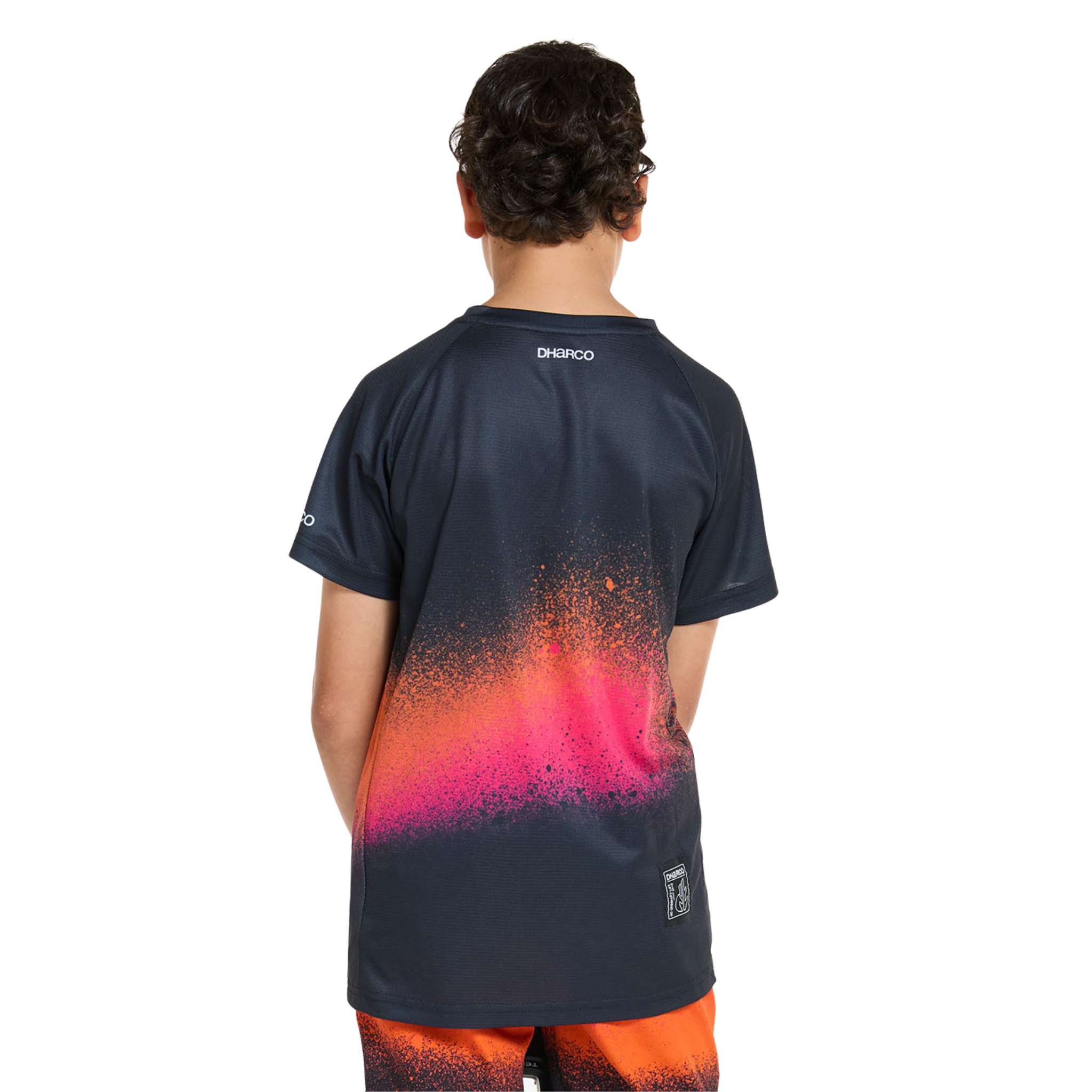 Rear view of DHaRCO Youth Short Sleeve Jersey in Black Snake design with lightweight quick-dry recycled fabric and relaxed riding fit
