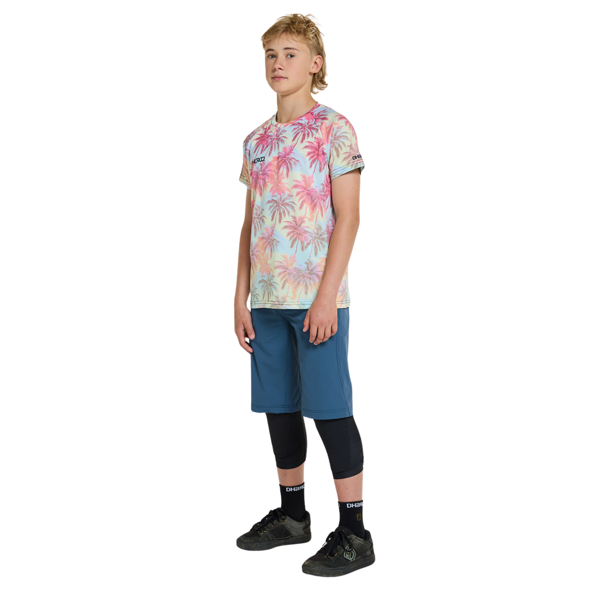 Side view of DHaRCO Youth Short Sleeve Jersey in Highball design with breathable mesh side panel and zip storage pocket