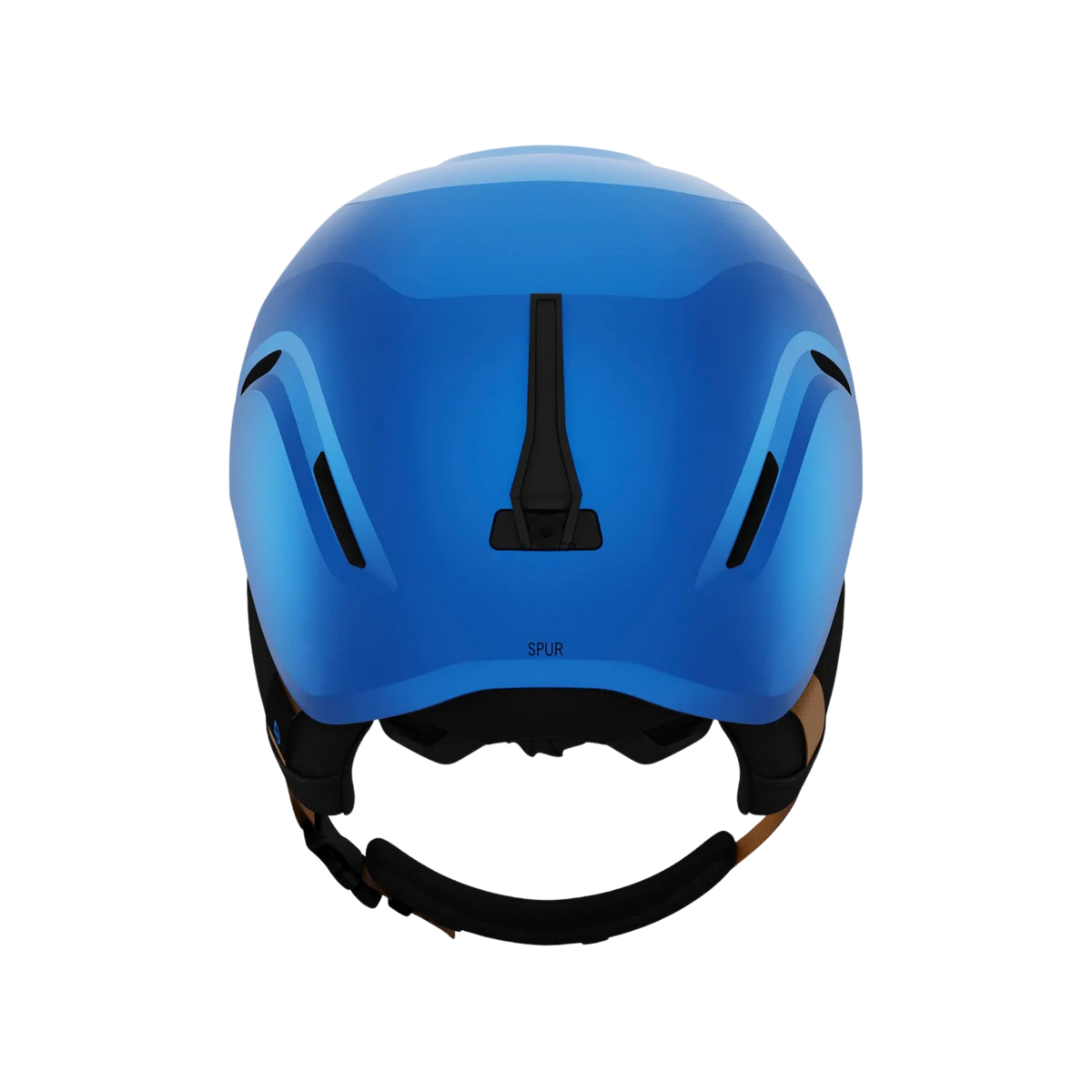 Rear view of Giro Spur kids ski helmet in Blue Shreddy Yeti with In Form Fit System adjustment dial and lightweight In-Mold construction