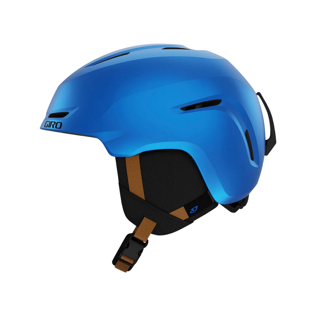 Side view of Giro Spur kids snowboard helmet in Blue Shreddy Yeti with Super Cool Vents, In-Mold shell and Vertical Tuning fit system