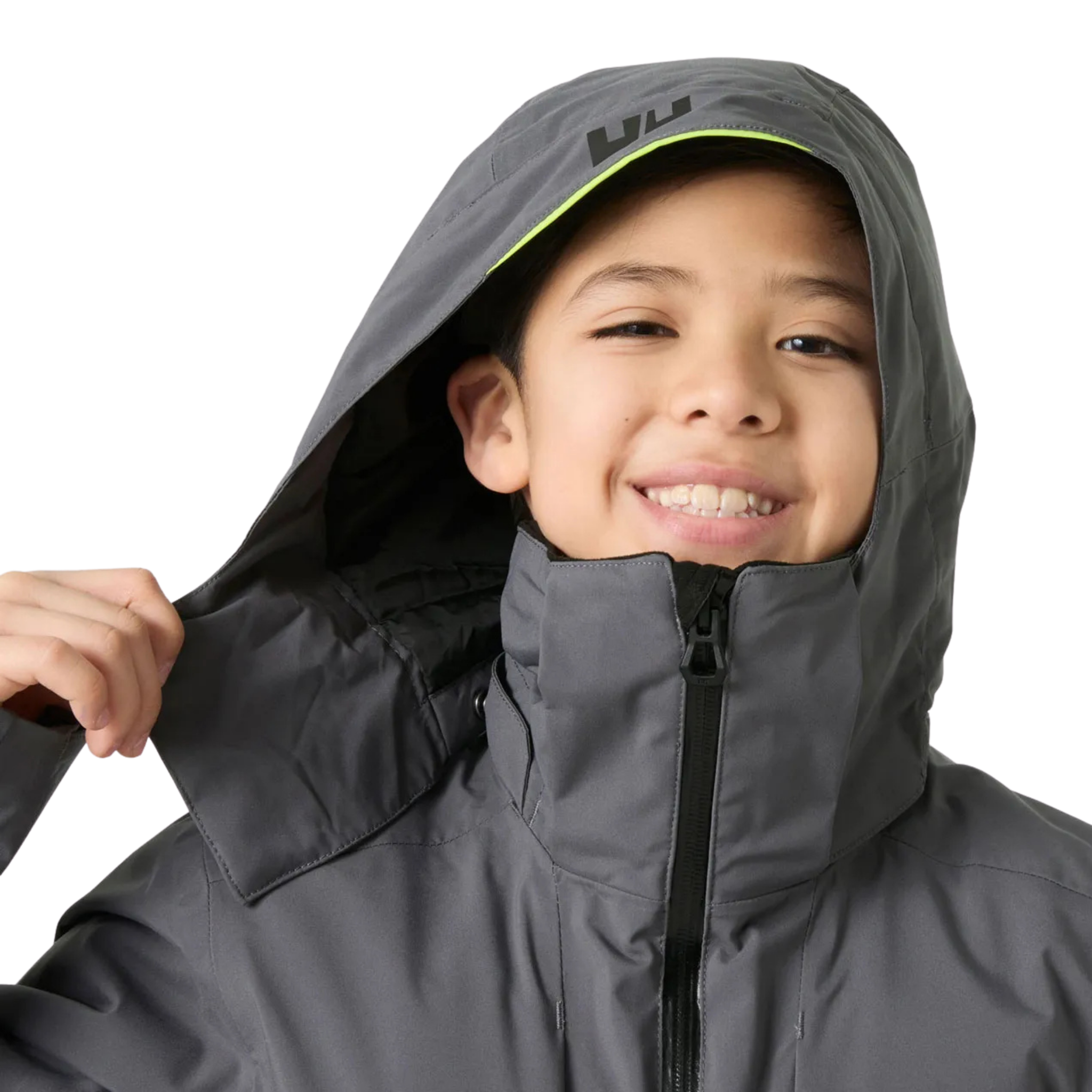 Helly Hansen Jr Alpha Ski Jacket in Thunder Grey hood detail with HELLY TECH Performance waterproof and breathable protection
