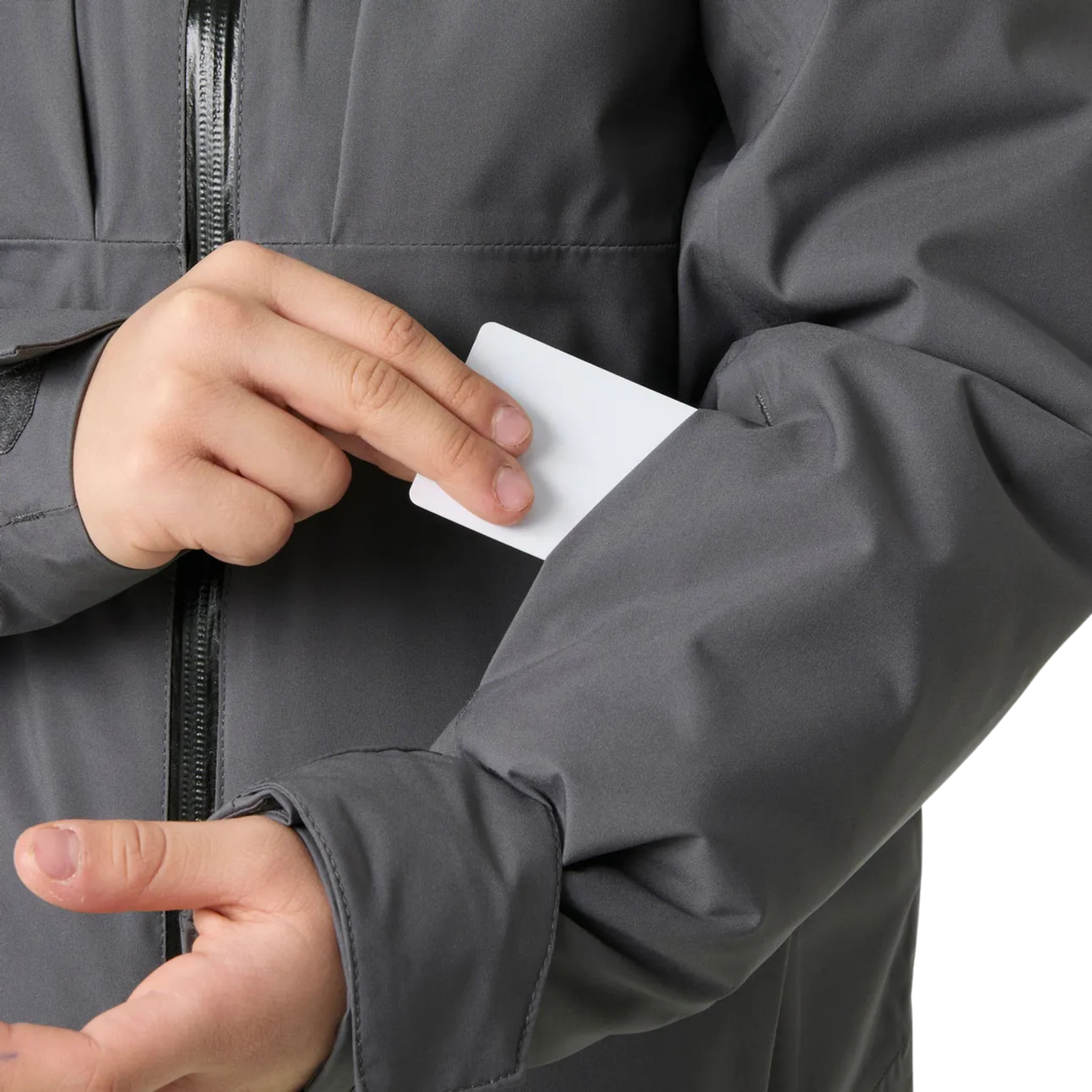 Helly Hansen Jr Alpha Ski Jacket in Thunder Grey with sleeve ski pass pocket and waterproof breathable construction