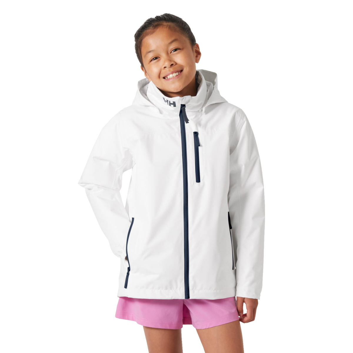 Front view of Helly Hansen Jr Crew Midlayer 2.0 Jacket in White with waterproof breathable HELLY TECH Protection and fleece lining