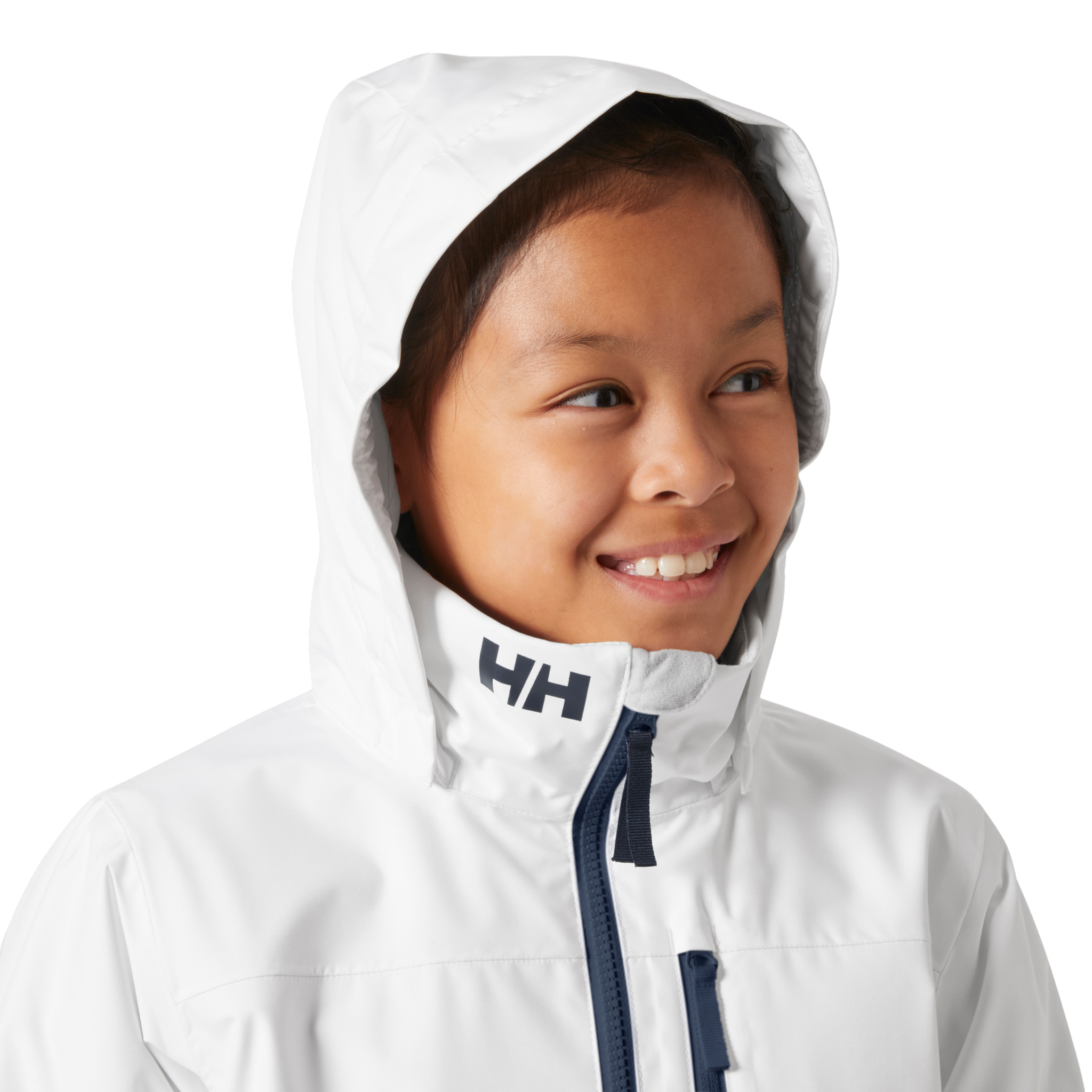 Helly Hansen Jr Crew Midlayer 2.0 Jacket hood detail in White with packable design that stows into the collar or detaches when not needed