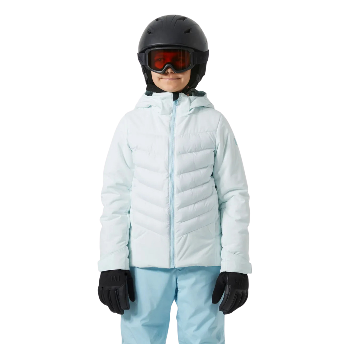 Front view of Helly Hansen Jr Girl Astra Jacket in Icicle color with synthetic insulation, YKK VISLON zipper and detachable hood
