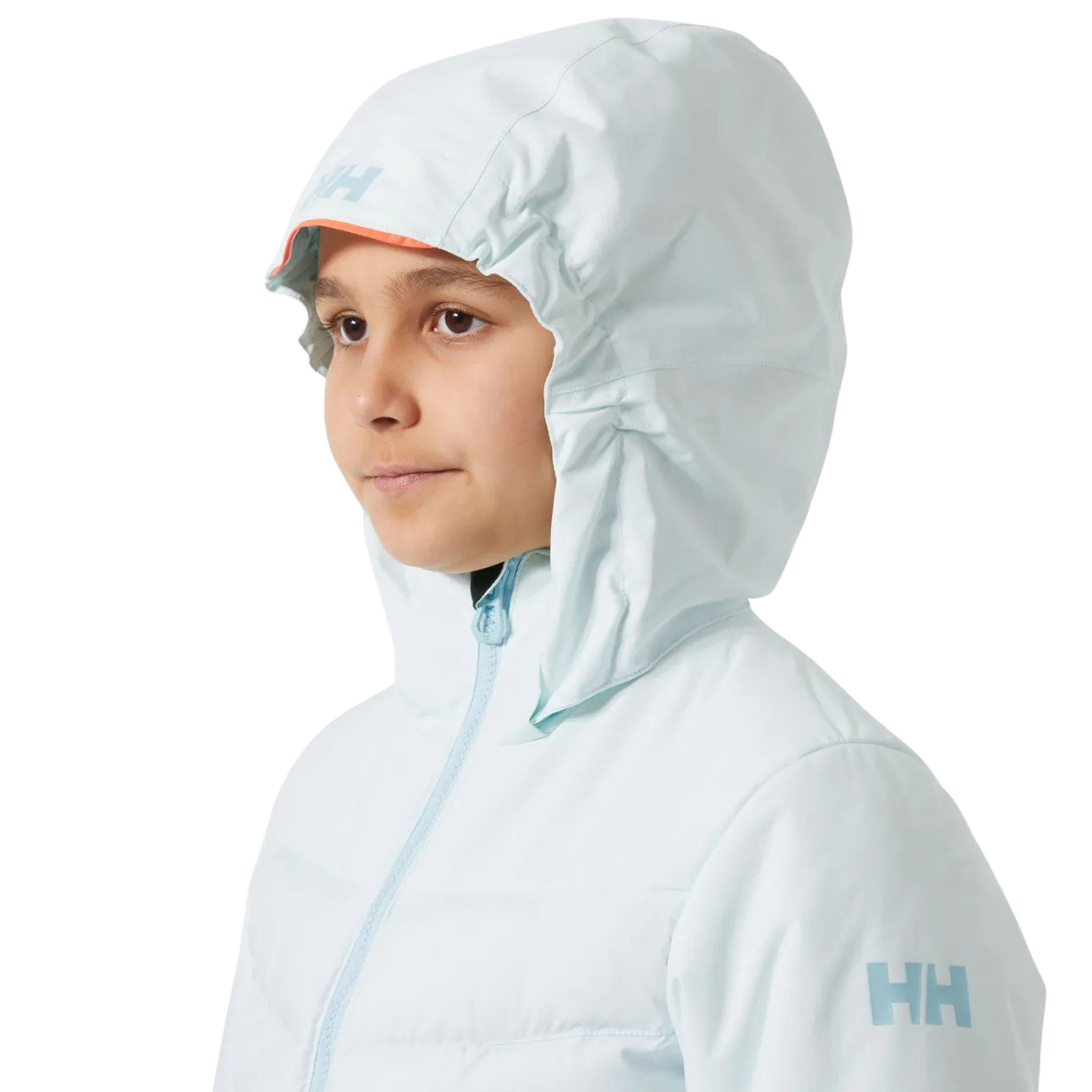 Helly Hansen Jr Girl Astra Jacket in Icicle color with detachable hood detail for versatile weather protection on the mountain
