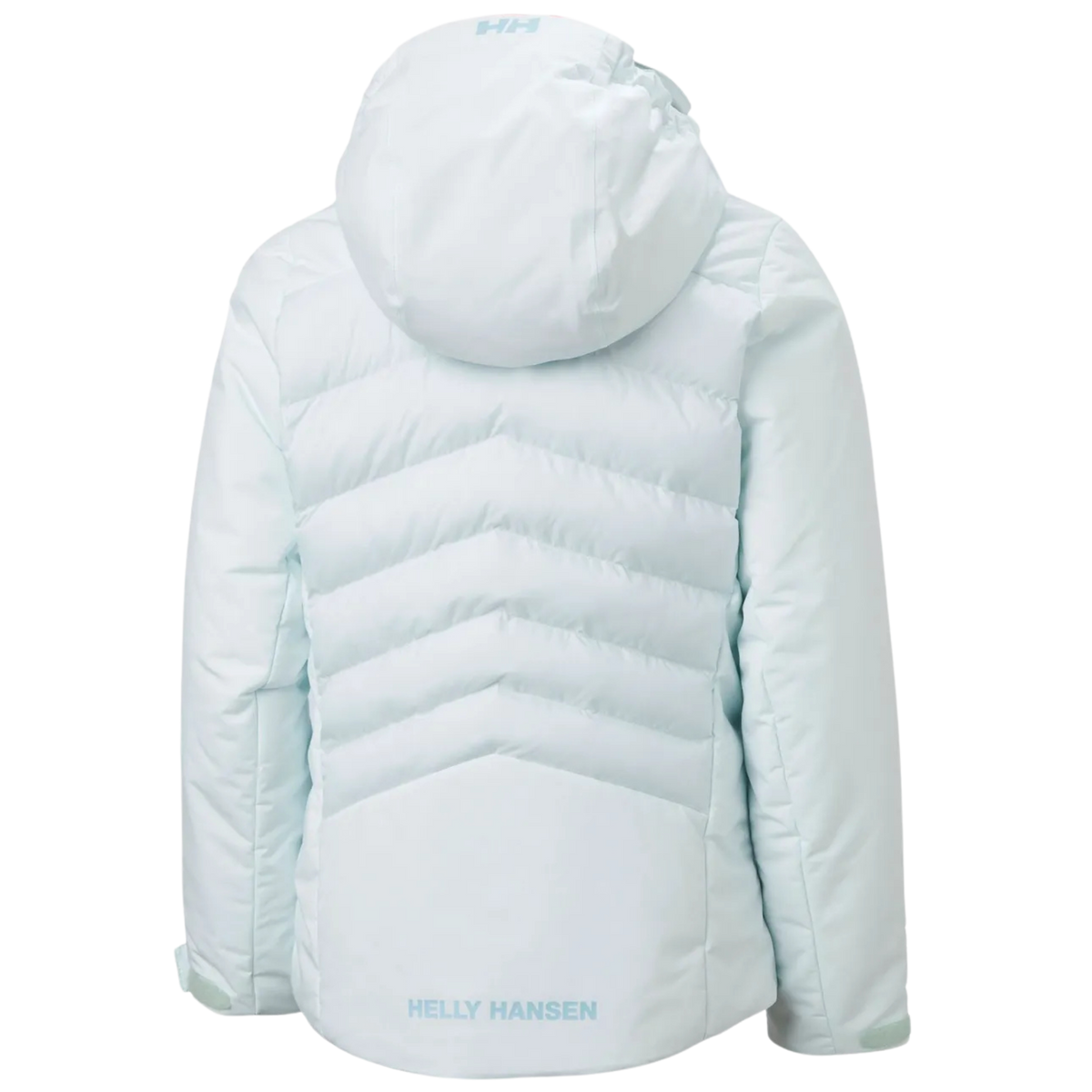 Rear view of Helly Hansen Jr Girl Astra Jacket in Icicle color with insulated 2-layer construction, adjustable hem and feminine ski fit