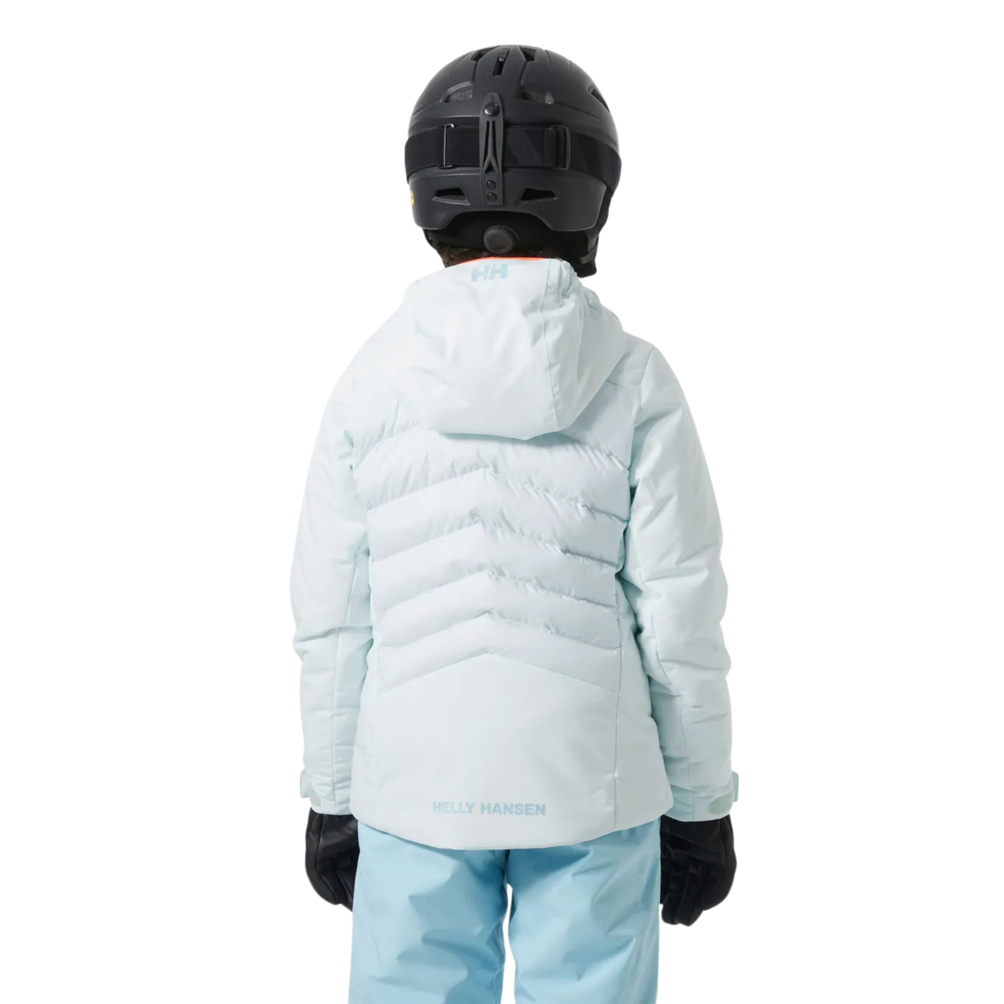 Rear view of Helly Hansen Jr Girl Astra Jacket with insulated 2-layer construction, adjustable hem and feminine ski fit