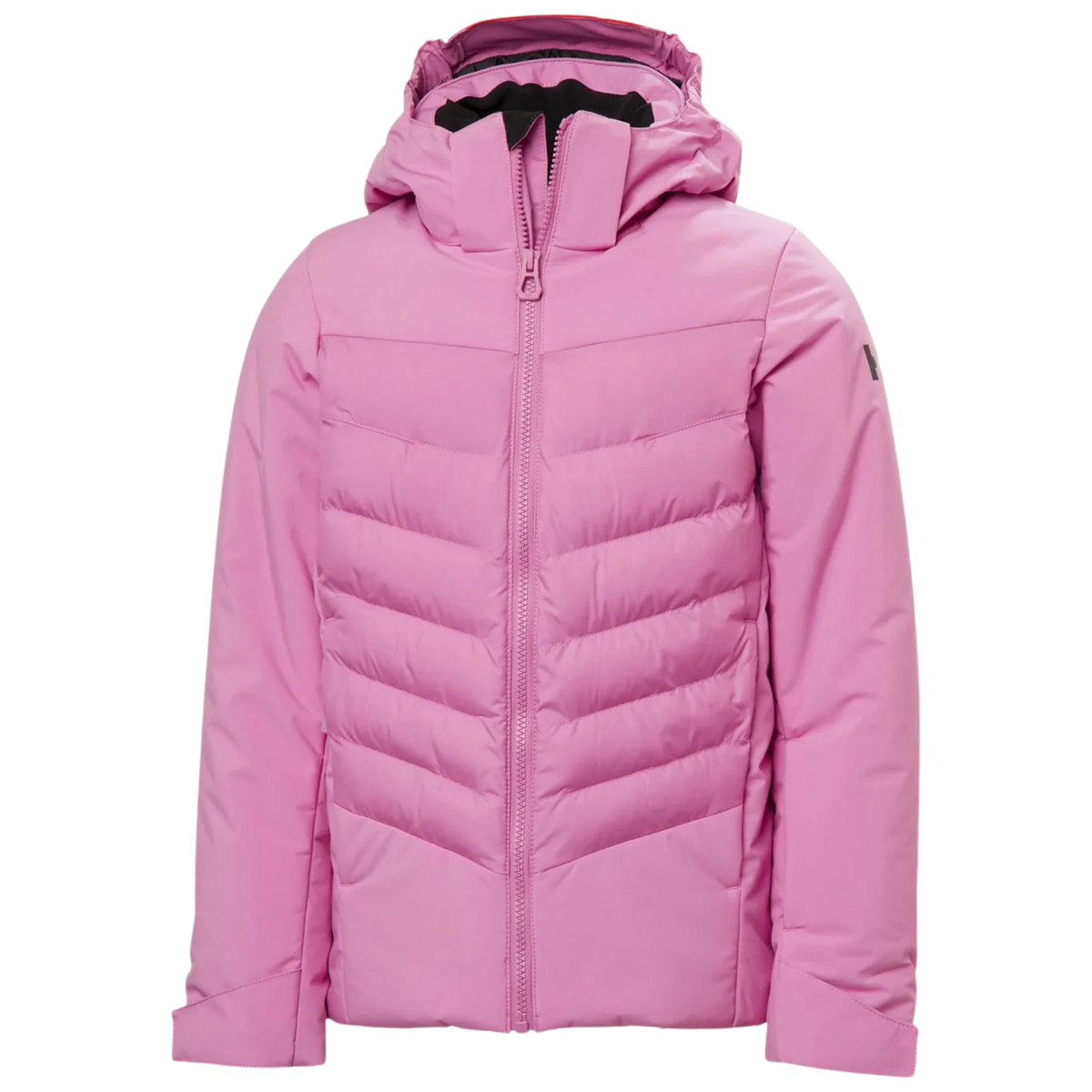 Helly Hansen Jr Girl Astra Jacket in Meta Pink with synthetic insulation, critically taped 2-layer construction, RECCO and adjustable powder skirt