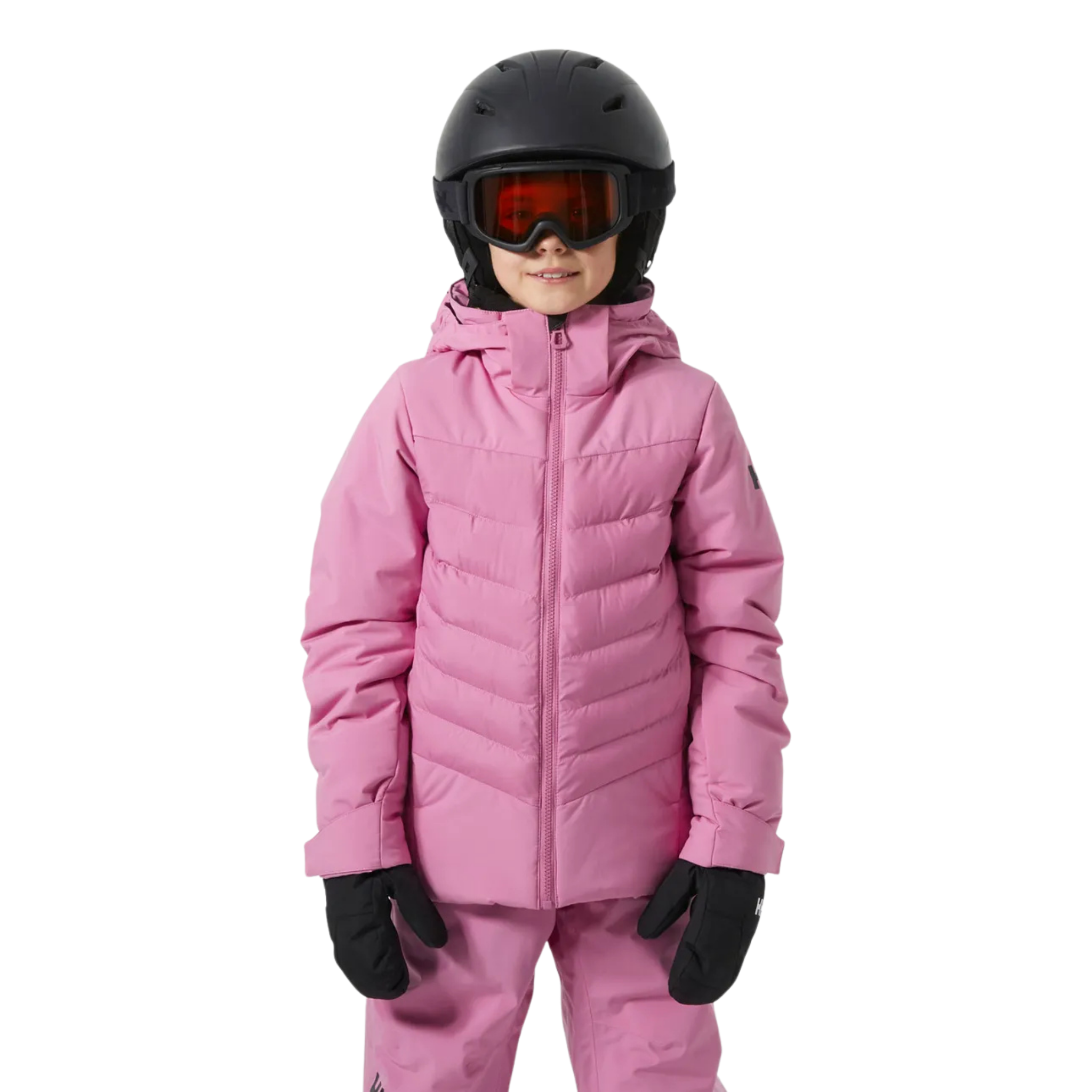 Front view of Helly Hansen Jr Girl Astra Jacket in Meta Pink with synthetic insulation, YKK VISLON zipper and detachable hood
