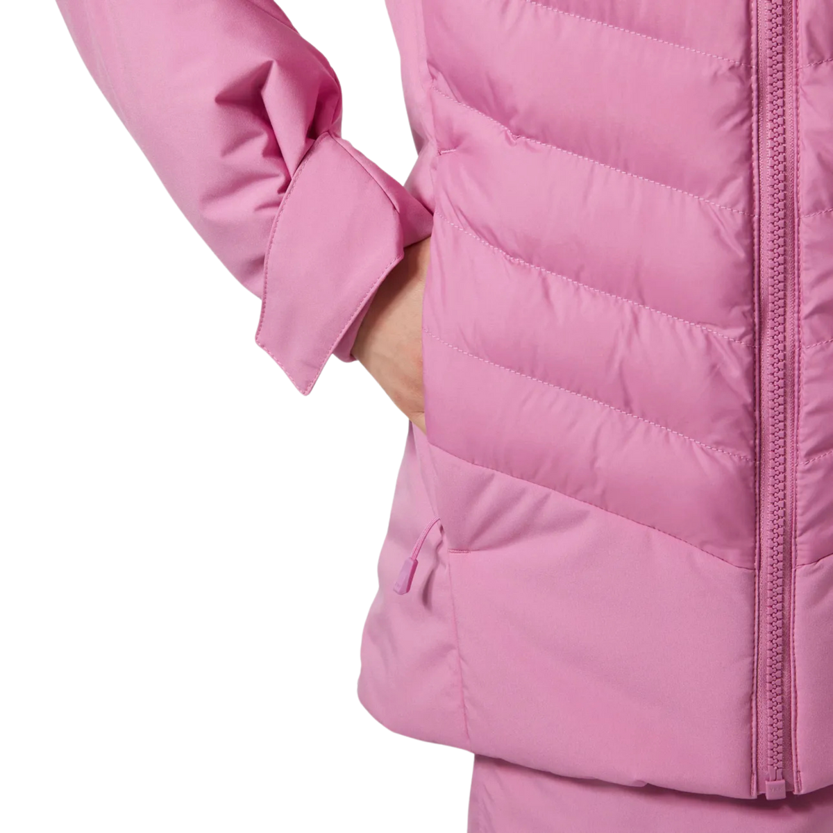 Helly Hansen Jr Girl Astra Jacket in Meta Pink with secure zippered hand pocket and soft fleece lining for warmth and storage