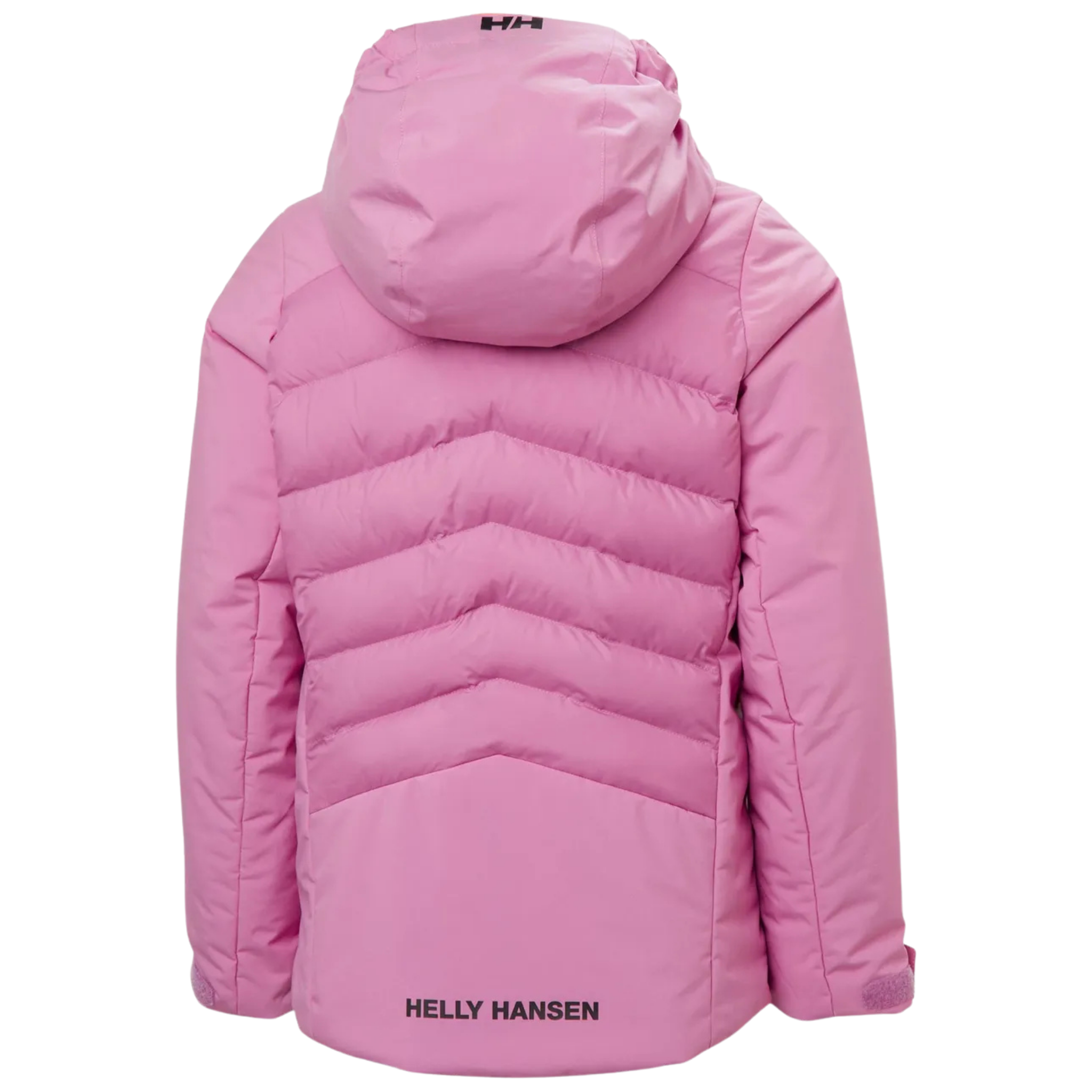 Rear view of Helly Hansen Jr Girl Astra Jacket in Meta Pink with insulated 2-layer construction, adjustable hem and feminine ski fit