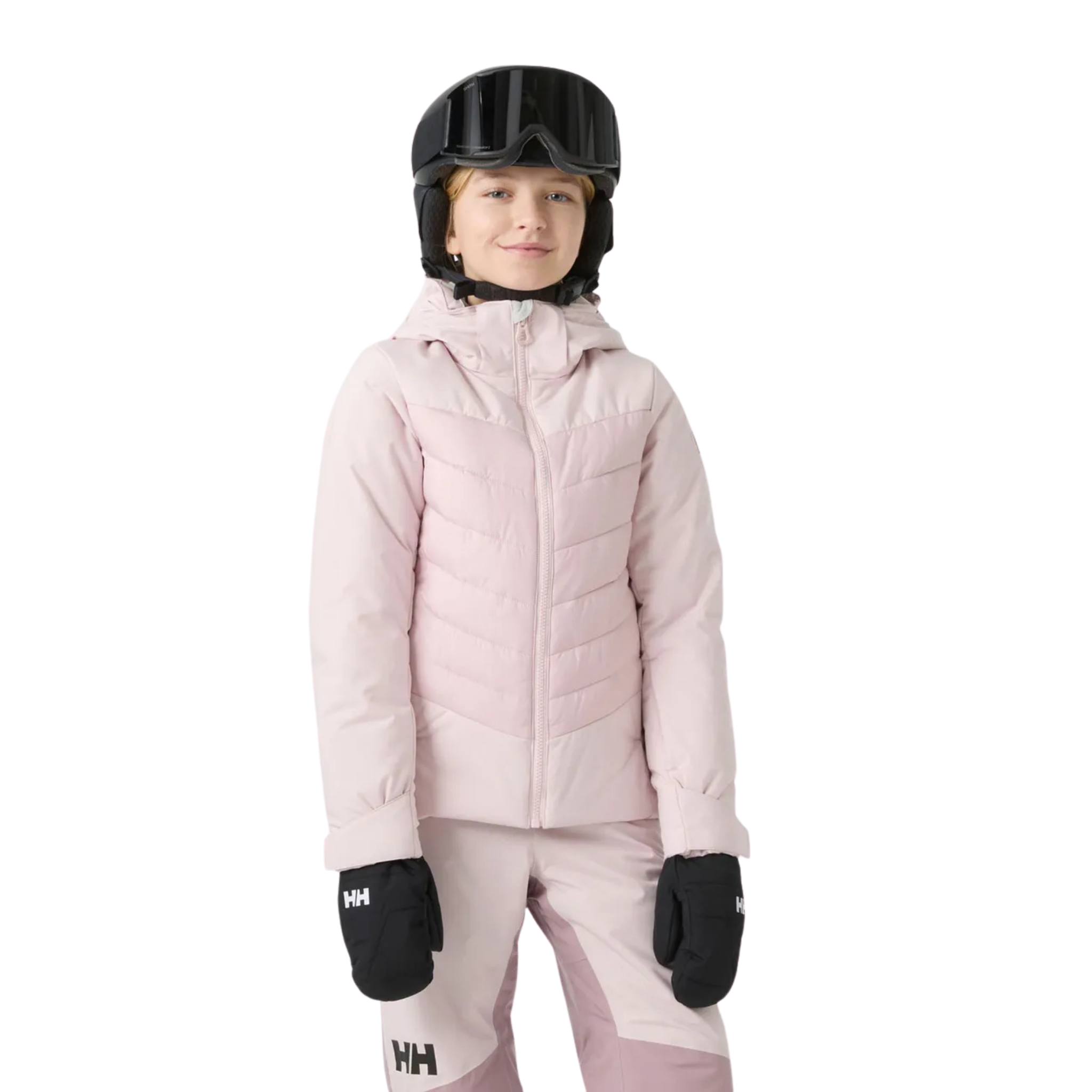 Front view of Helly Hansen Jr Girl Astra Jacket in Pinkshake color with synthetic insulation, YKK VISLON zipper and detachable hood