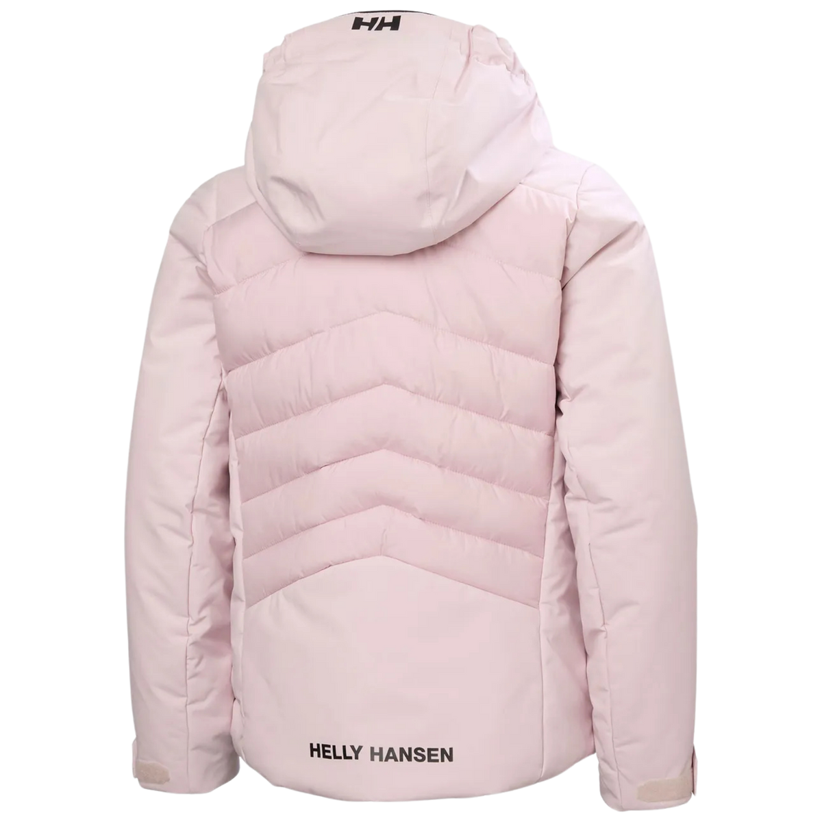 Rear view of Helly Hansen Jr Girl Astra Jacket in Pinkshake color with insulated 2-layer construction, adjustable hem and feminine ski fit