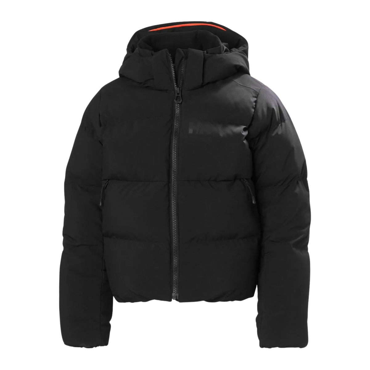 Helly Hansen Jr Girl Nora Puffy Ski Jacket in Black with medium synthetic insulation, detachable hood, RECCO reflector and adjustable powder skirt