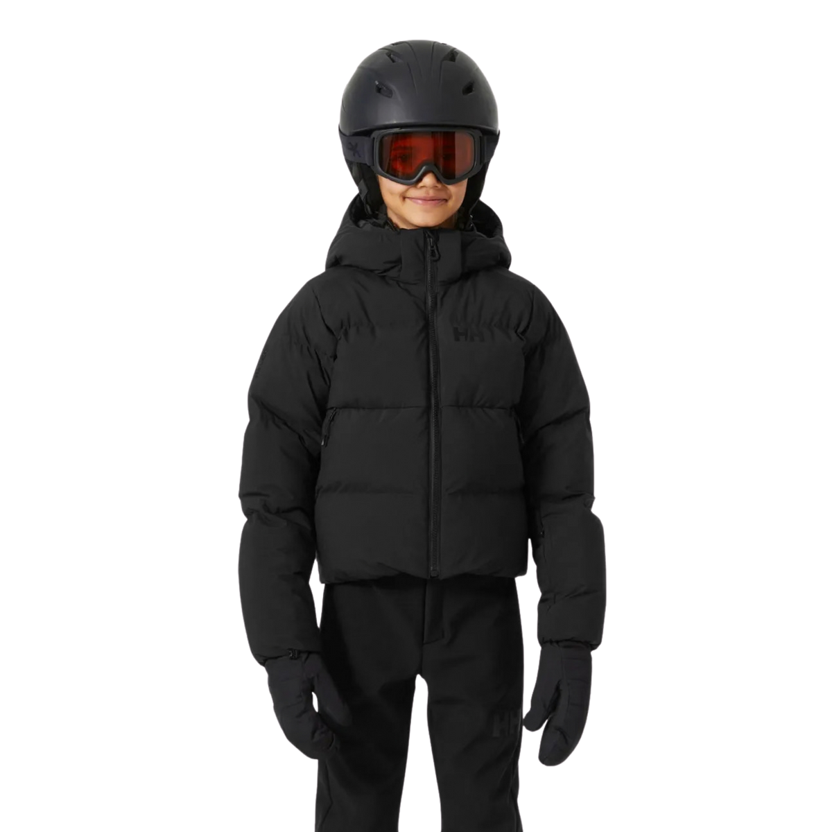 Front view of Helly Hansen Jr Girl Nora Puffy Ski Jacket in Black with insulated puffer construction, YKK VISLON zipper and secure hand pockets