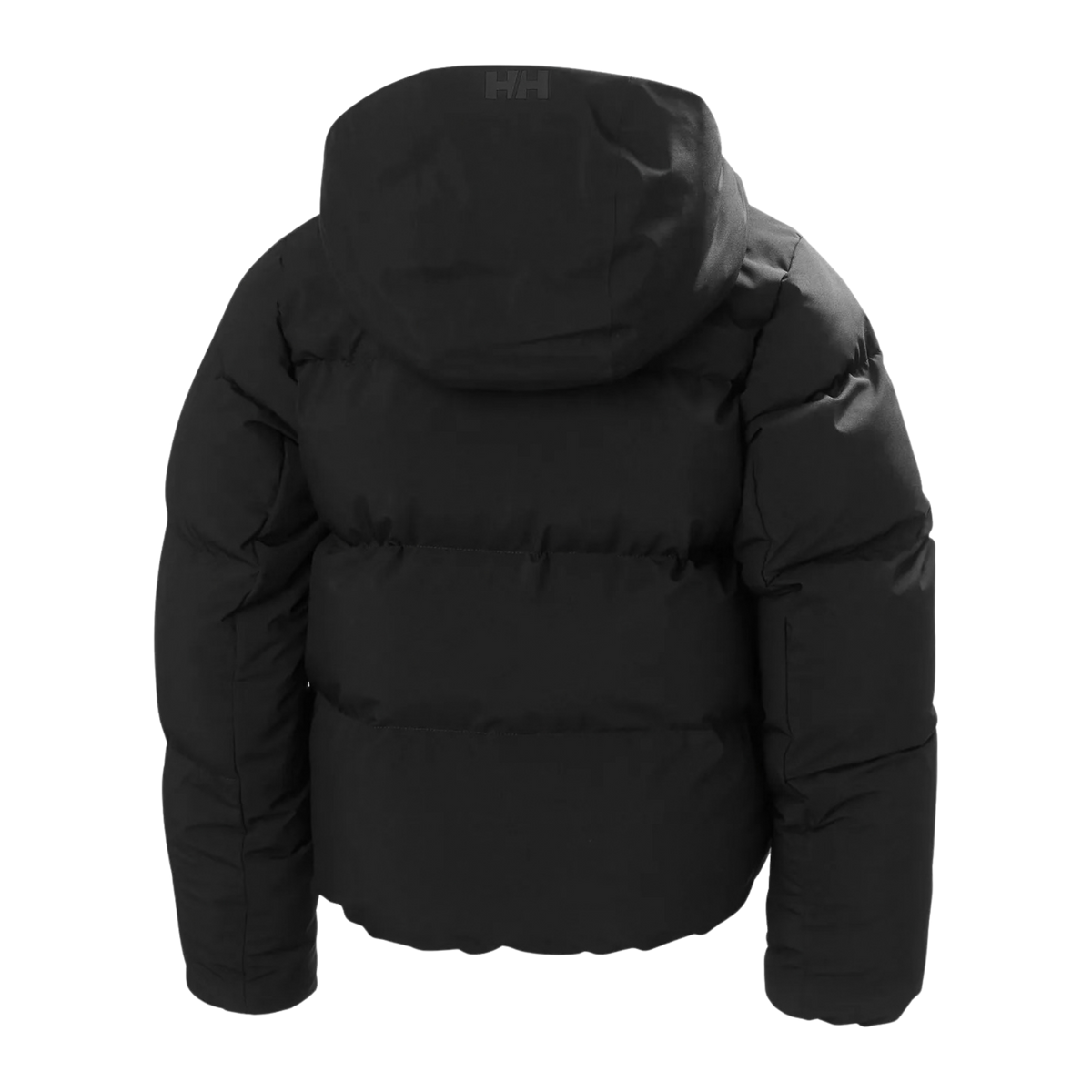 Rear view of Helly Hansen Jr Girl Nora Puffy Ski Jacket in Black with warm synthetic insulation, detachable hood and elastic bottom hem