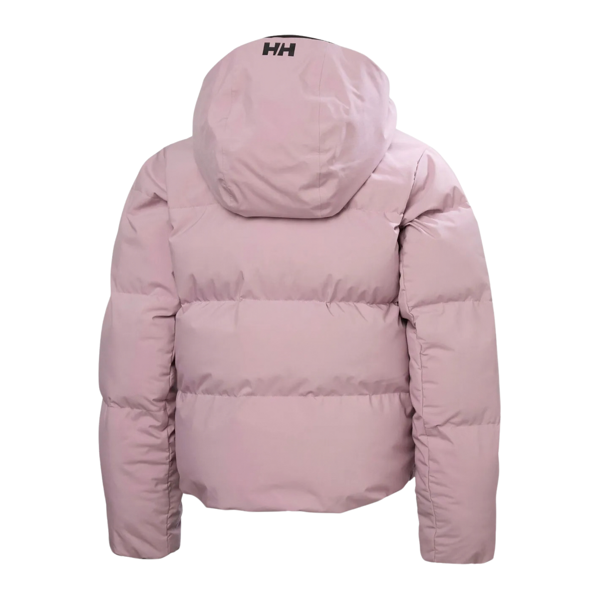 Rear view of Helly Hansen Jr Girl Nora Puffy Ski Jacket in Purple Clay with warm synthetic insulation, detachable hood and elastic bottom hem