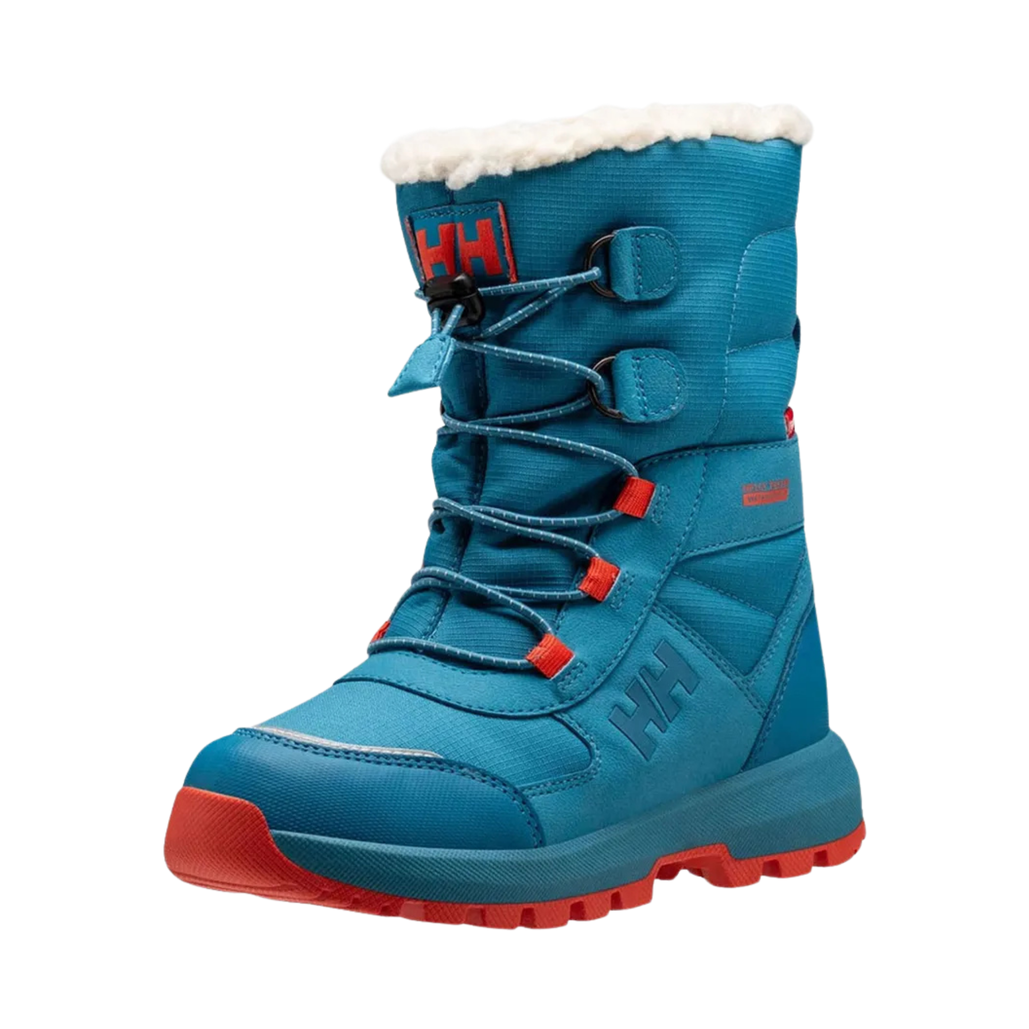 Front view of Helly Hansen Jr Silverton Winter Boots in Cerulean Blue with waterproof construction, drawstring closure and 400g PrimaLoft insulation
