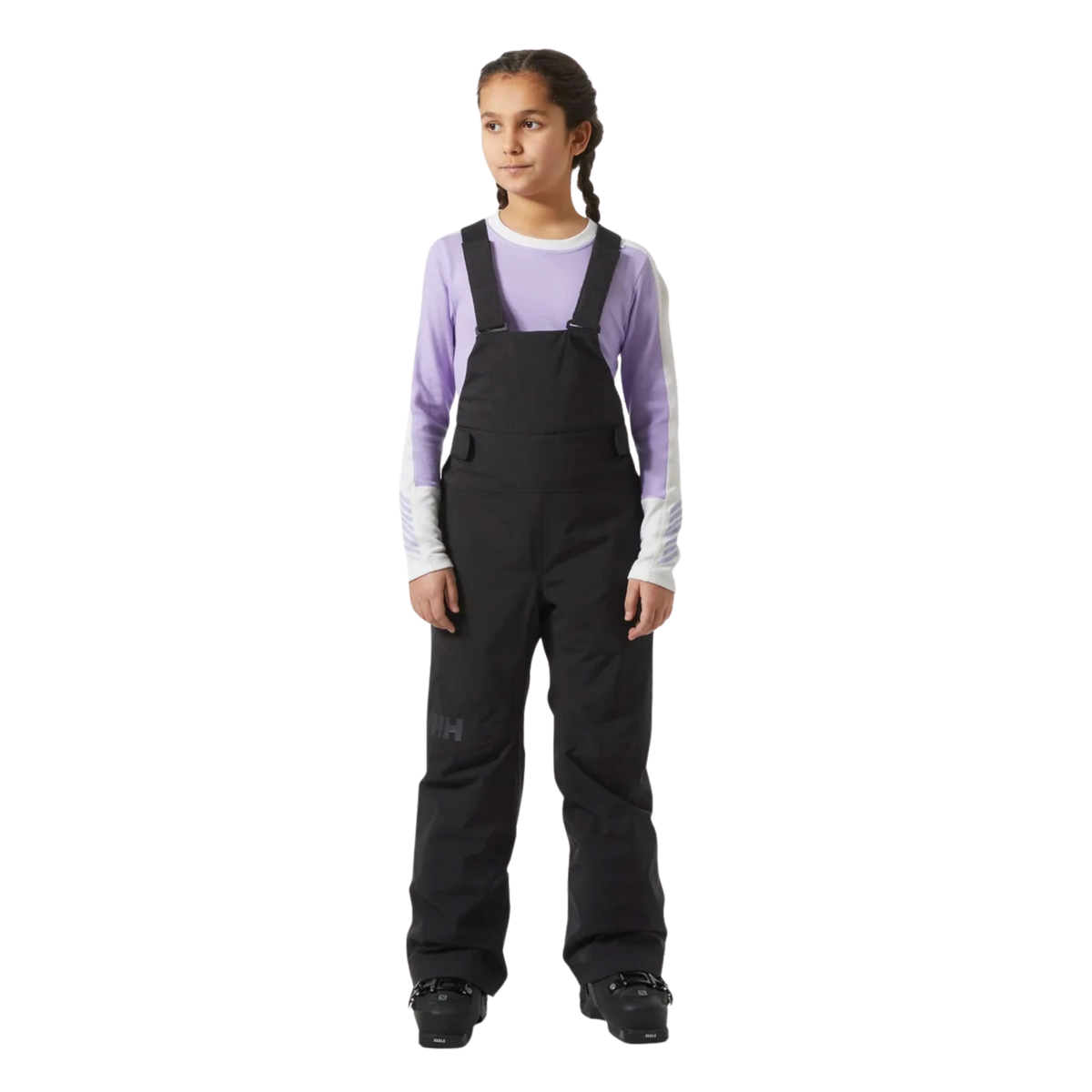 Front view of Helly Hansen Jr Stellar Bib Pants in Black with insulated bib construction, adjustable elastic suspenders and waterproof 2-layer fabric