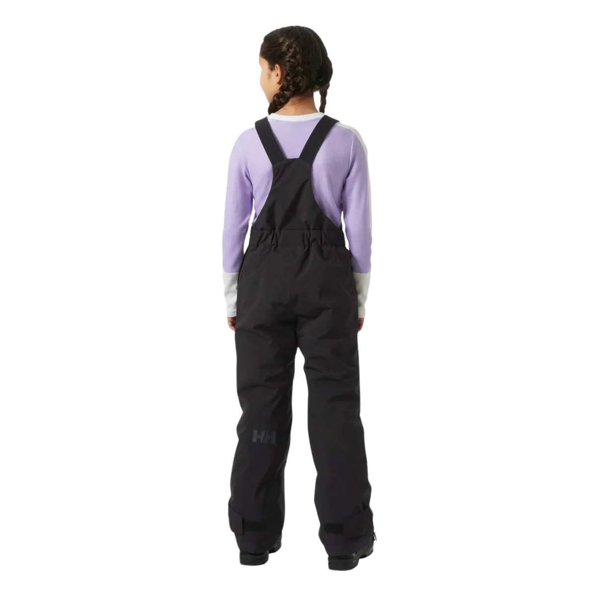 Rear view of Helly Hansen Jr Stellar Bib Pants with adjustable suspenders, reinforced lower legs and insulated winter construction