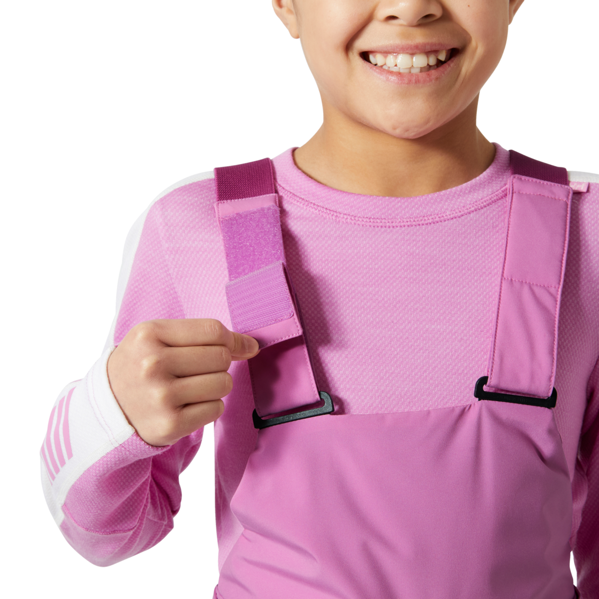 Helly Hansen Jr Stellar Bib Pants in Meta Pink with adjustable elastic suspenders designed for a secure and comfortable fit