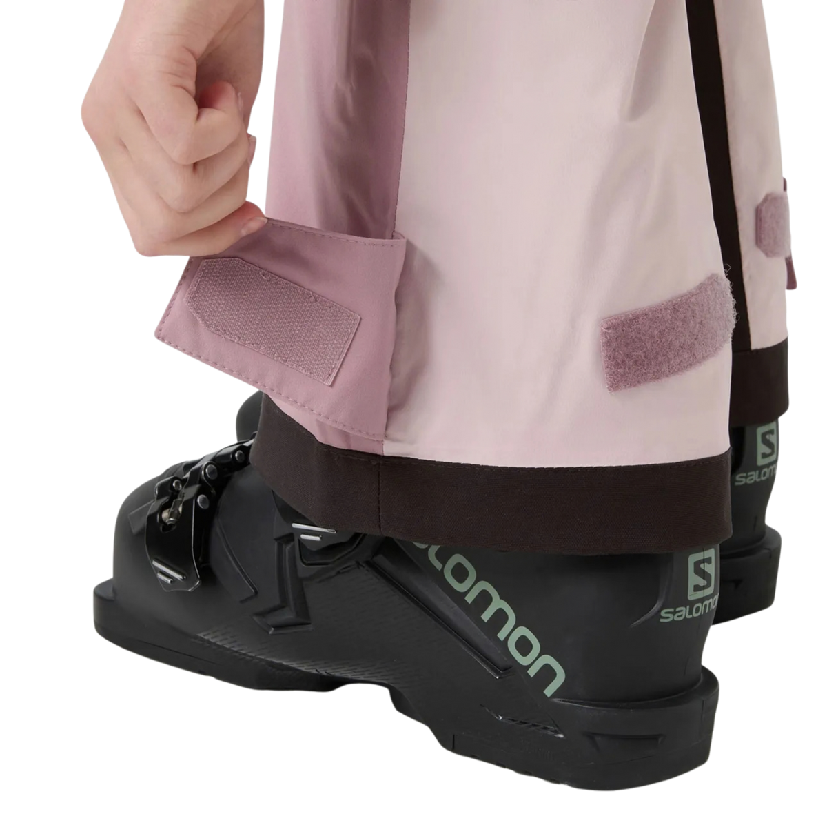 Helly Hansen Jr Stellar Bib Pants in Purple Clay with internal boot gaiter with gripper elastic designed to help keep snow out of ski boots