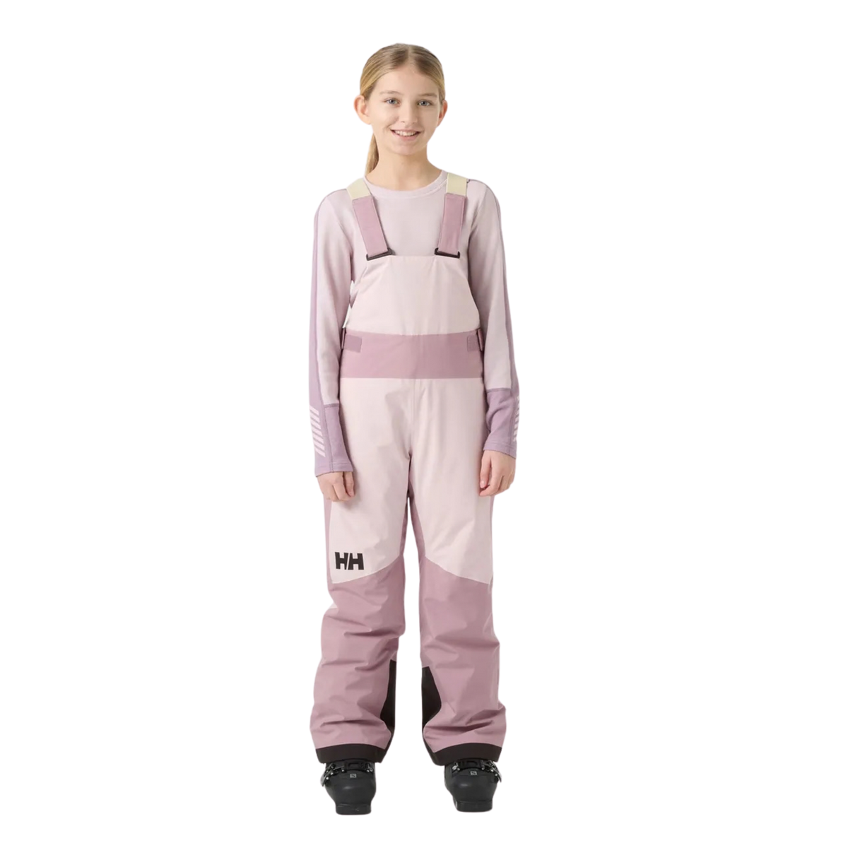 Front view of Helly Hansen Jr Stellar Bib Pants in Purple Clay with insulated bib construction, adjustable elastic suspenders and waterproof 2-layer fabric