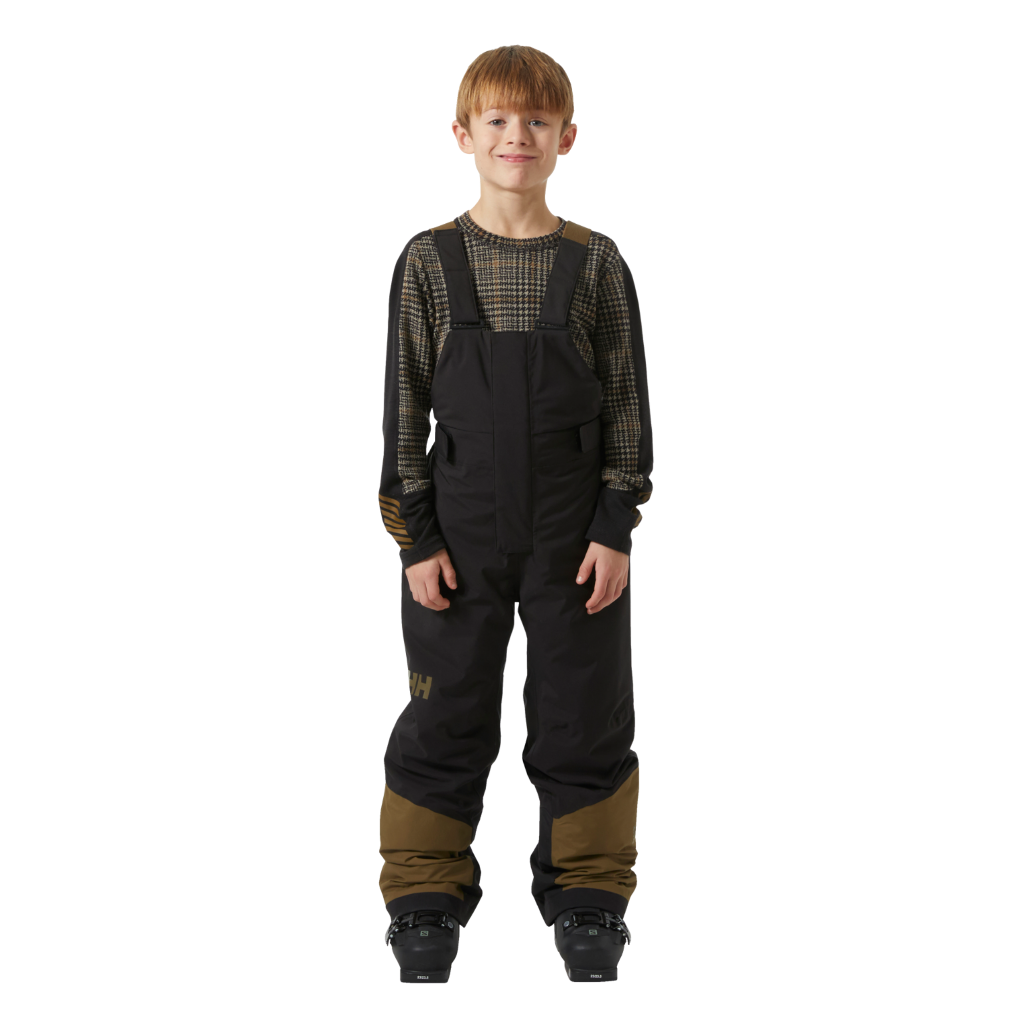 Front view of Helly Hansen Jr Summit 2.0 Bib Pants in Black with HELLY TECH Performance, 80g insulation and adjustable suspenders