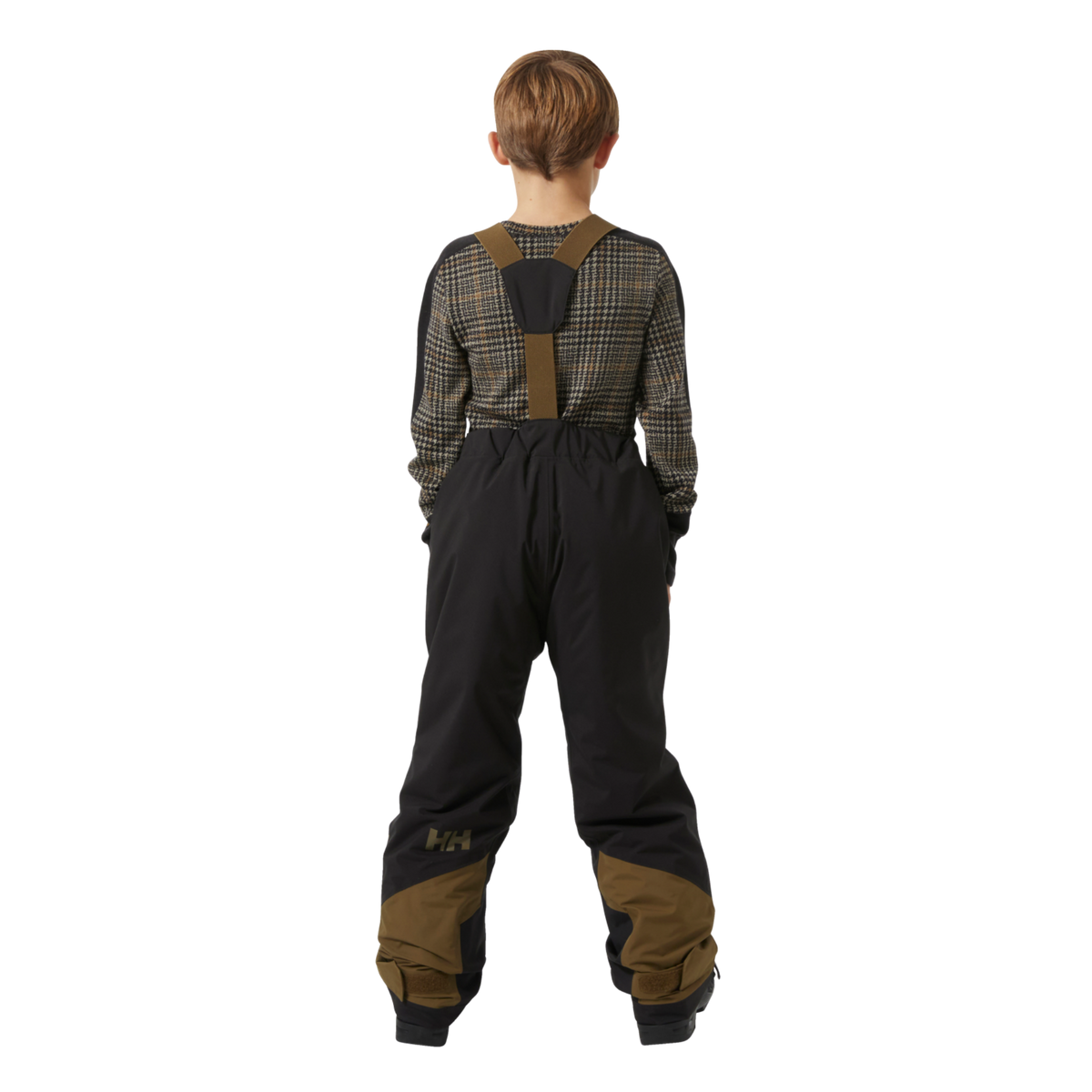Rear view of Helly Hansen Jr Summit 2.0 Bib Pants with adjustable elastic suspenders, insulated construction and unisex fit