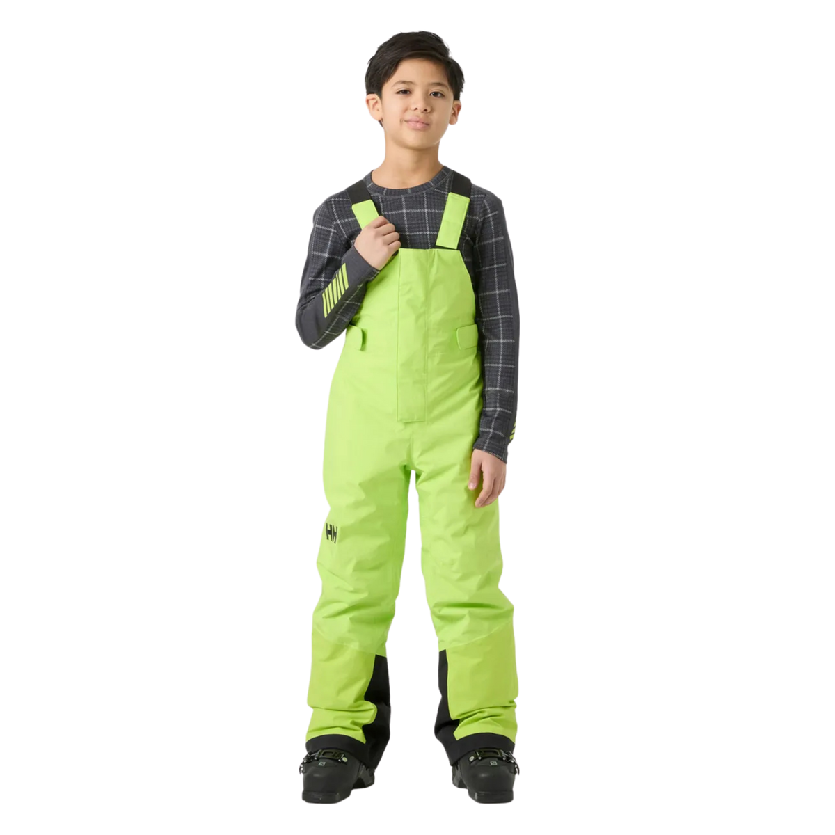 Front view of Helly Hansen Jr Summit 2.0 Bib Pants in Luminous Green with HELLY TECH Performance, 80g insulation and adjustable suspenders