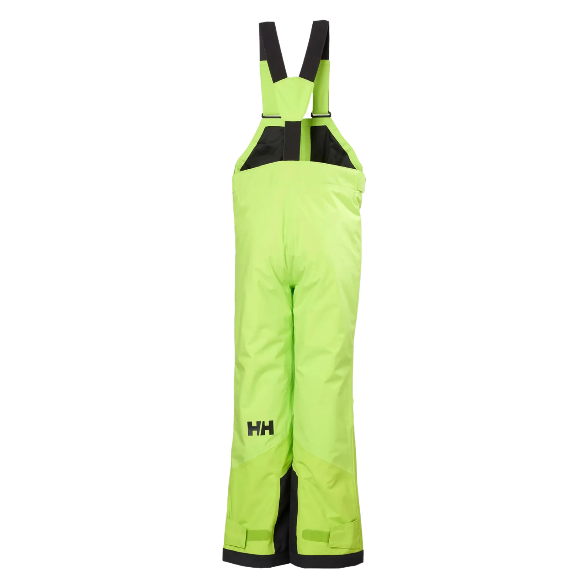 Rear view of Helly Hansen Jr Summit 2.0 Bib Pants in Luminous Green with adjustable elastic suspenders, insulated construction and unisex fit