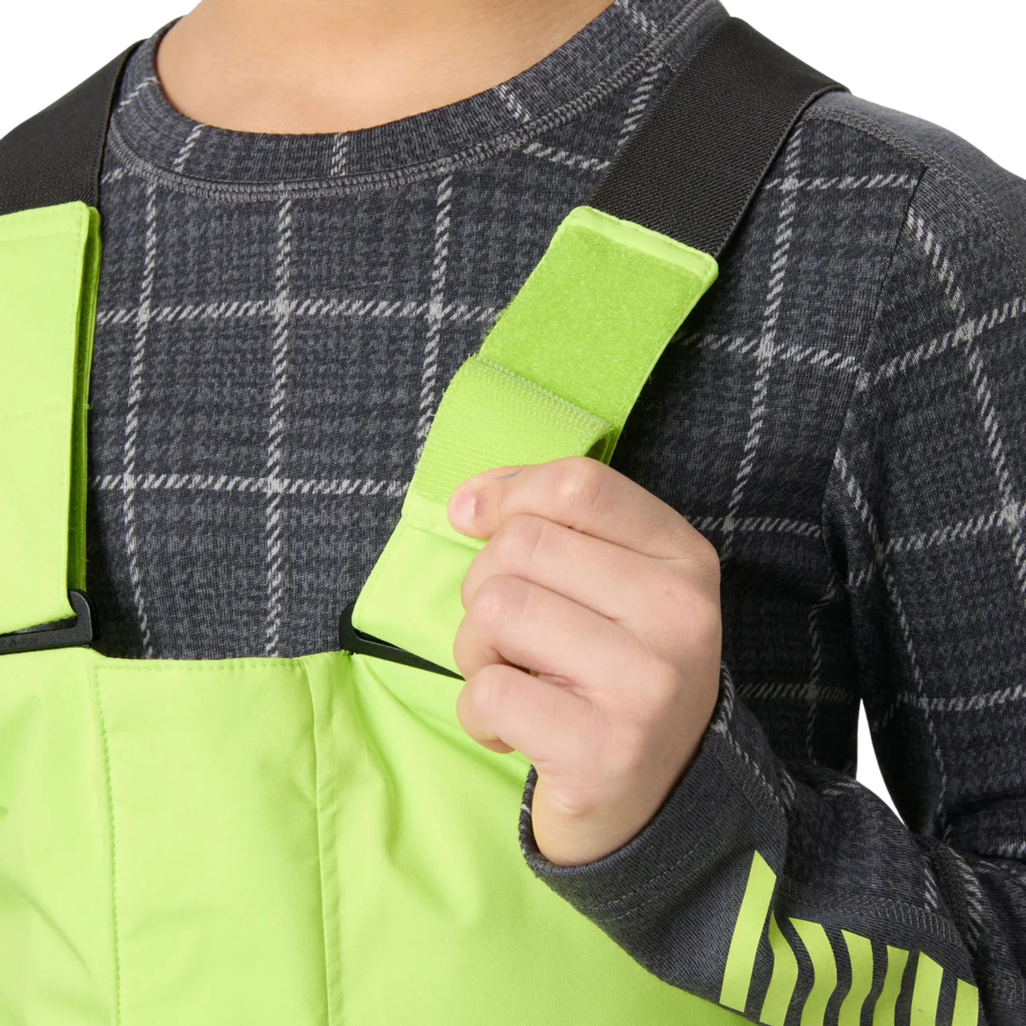 Helly Hansen Jr Summit 2.0 Bib Pants in Luminous Green with adjustable elastic suspenders for a secure customizable fit