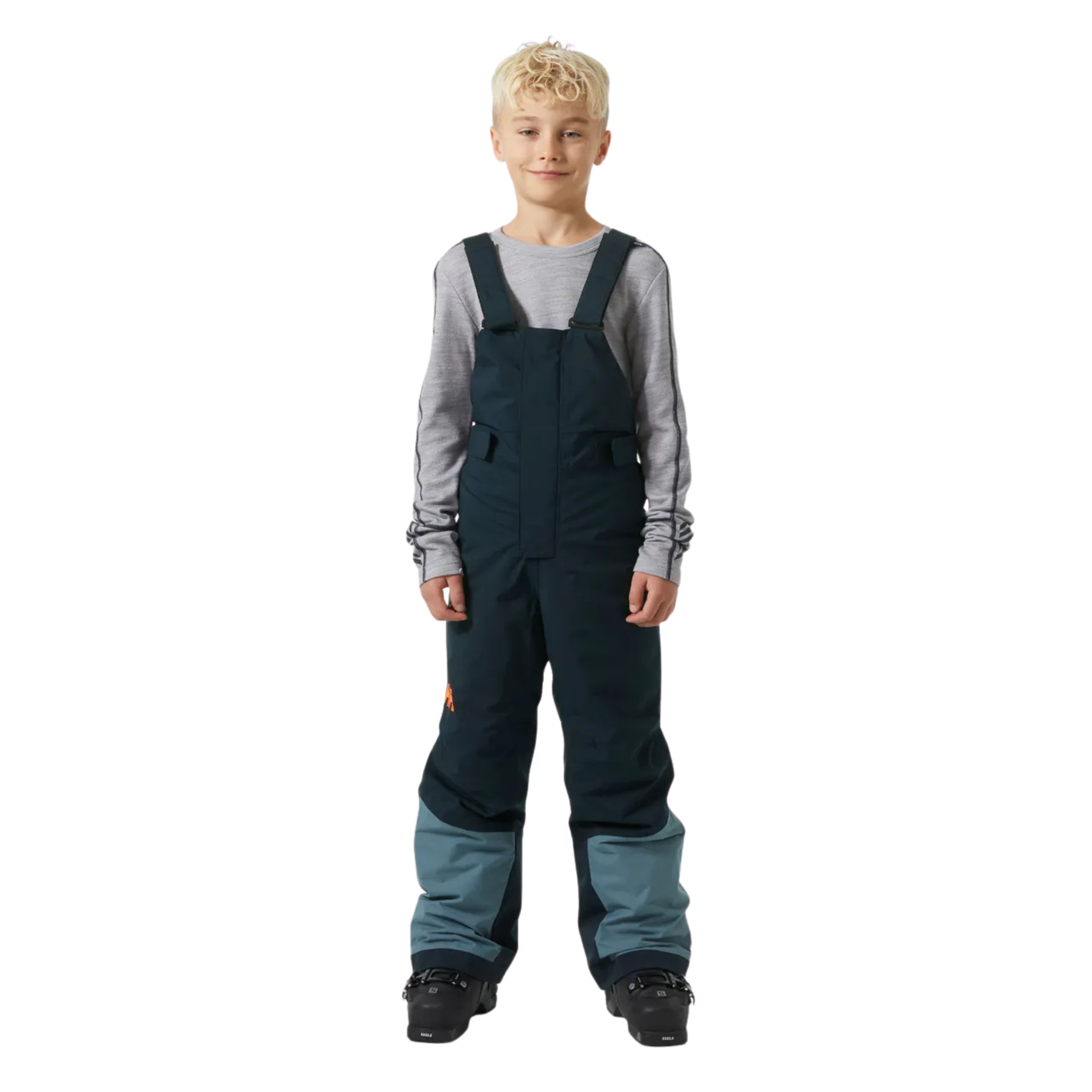 Front view of Helly Hansen Jr Summit 2.0 Bib Pants in Navy with HELLY TECH Performance, 80g insulation and adjustable suspenders