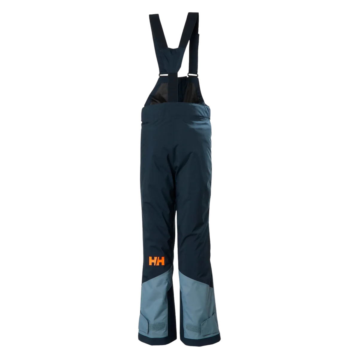 Rear view of Helly Hansen Jr Summit 2.0 Bib Pants in Navy with adjustable elastic suspenders, insulated construction and unisex fit