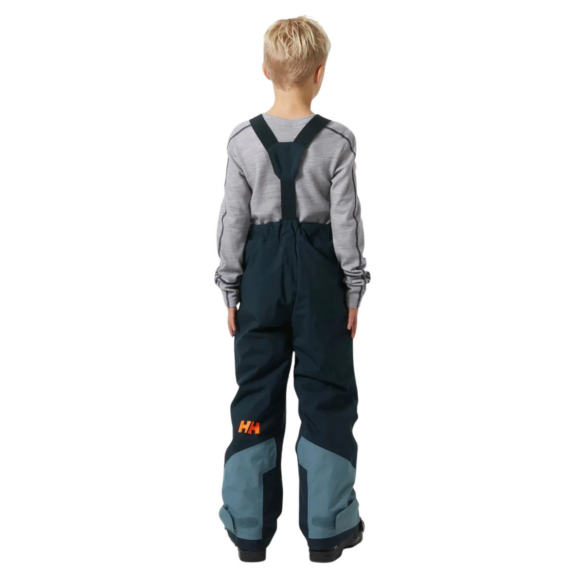 Rear view of Helly Hansen Jr Summit 2.0 Bib Pants with adjustable elastic suspenders, insulated construction and unisex fit