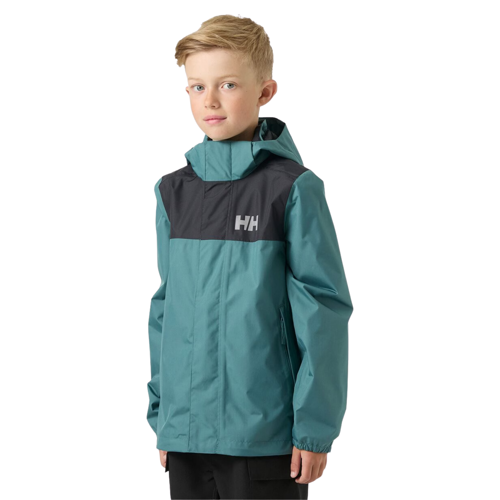 Front view of Helly Hansen Jr Vancouver Rain Jacket in Opal Green with YKK VISLON zipper, detachable hood and waterproof 2-layer shell