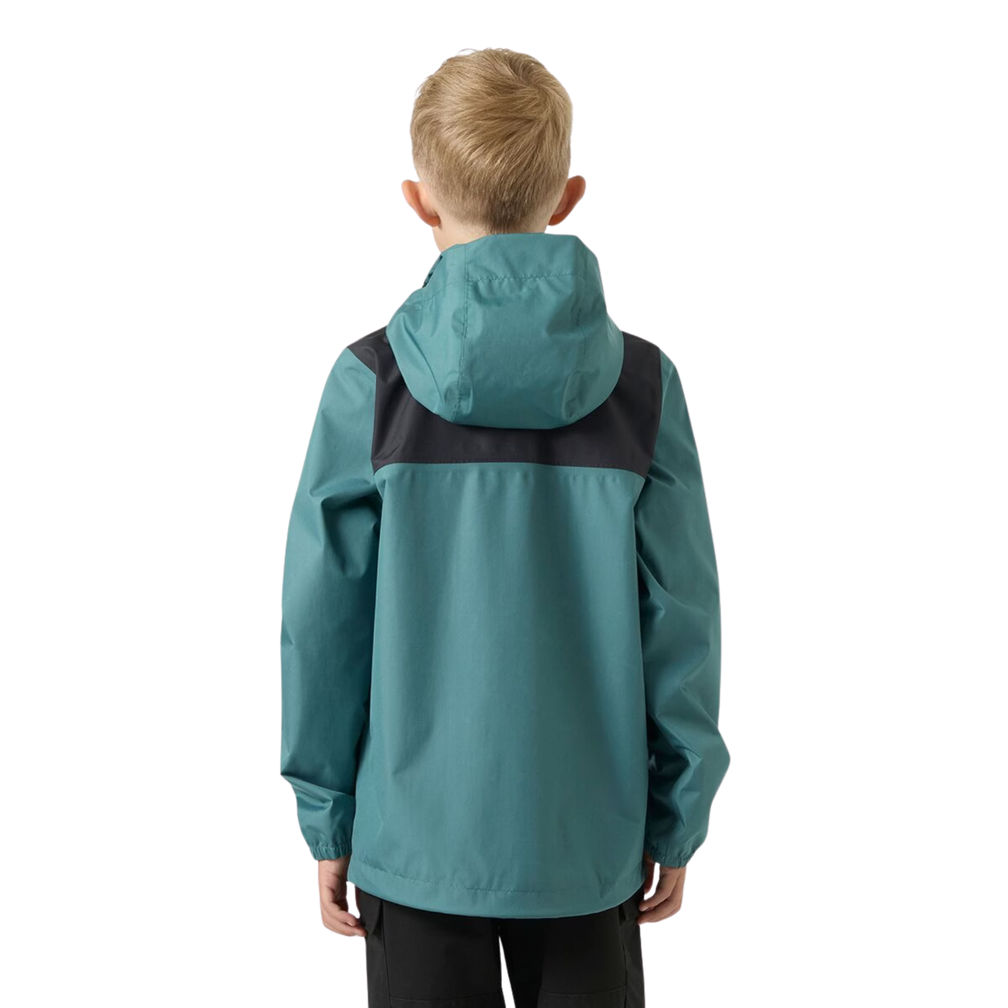 Rear view of Helly Hansen Jr Vancouver Rain Jacket in Opal Green with drop-tail hem and fully seam-sealed waterproof construction