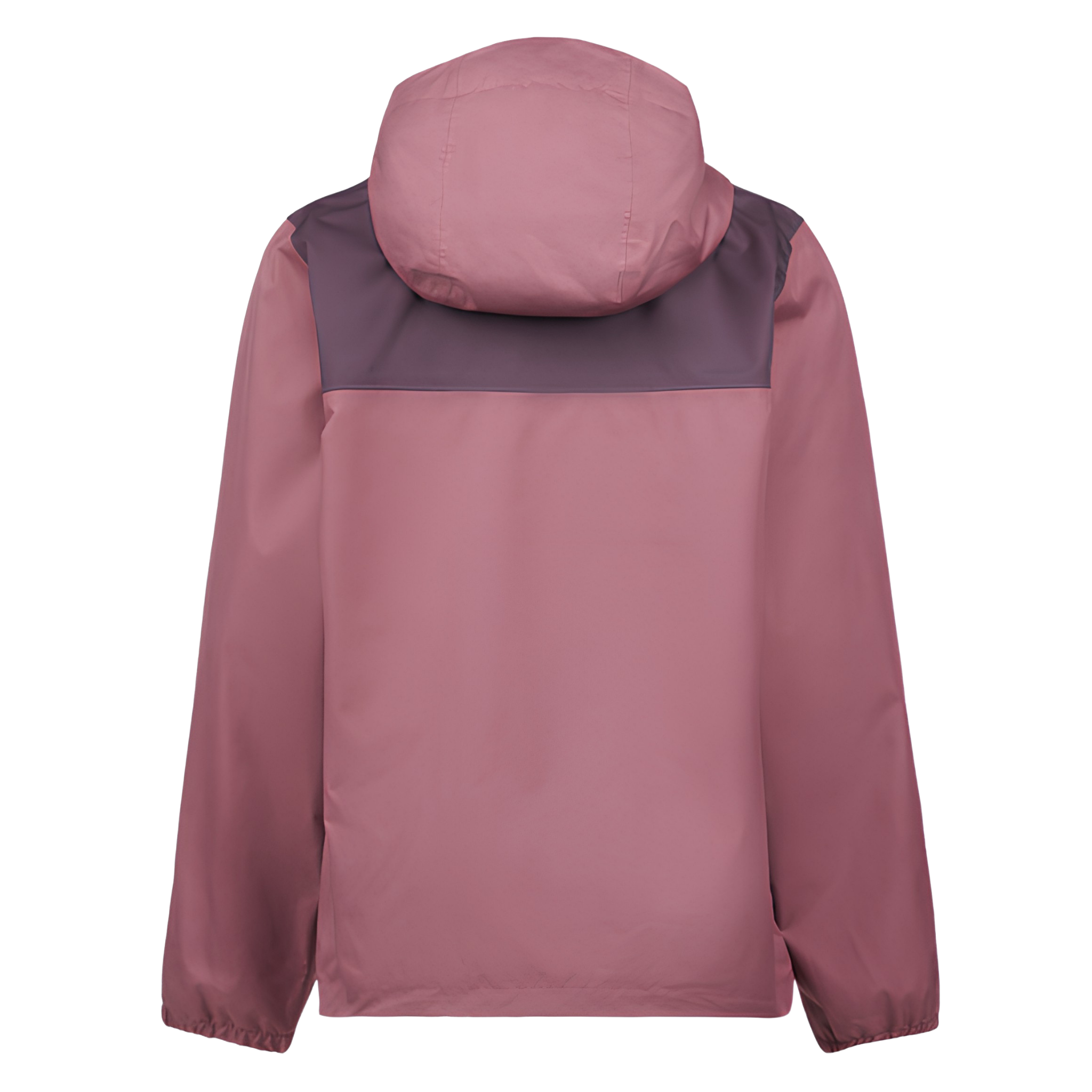Rear view of Helly Hansen Jr Vancouver Rain Jacket in Wildberry color with drop-tail hem and fully seam-sealed waterproof construction