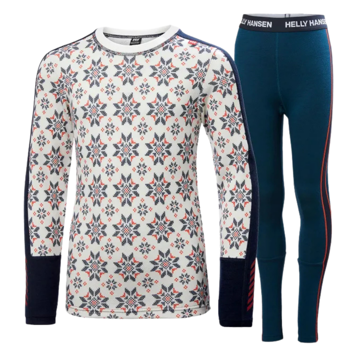 Helly Hansen Junior Graphic Lifa Merino Set in Navy AOP with 2-layer LIFA moisture-wicking technology, warm Merino wool and graphic print