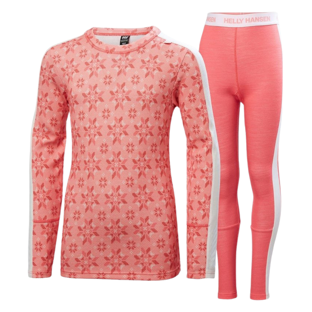 Helly Hansen Junior Graphic Lifa Merino Set in Sunset Pink with 2-layer LIFA moisture-wicking technology, warm Merino wool and graphic print