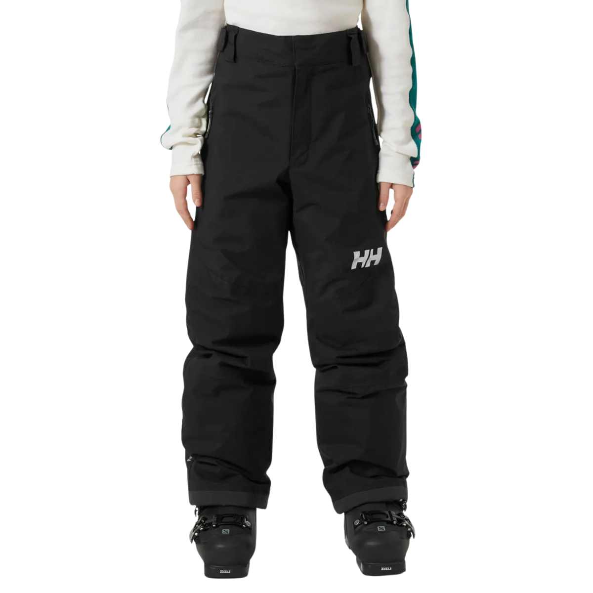 Front view of Helly Hansen Junior Legendary Pants in Black with waterproof 2-layer shell, adjustable waistband and YKK zippered hand pockets