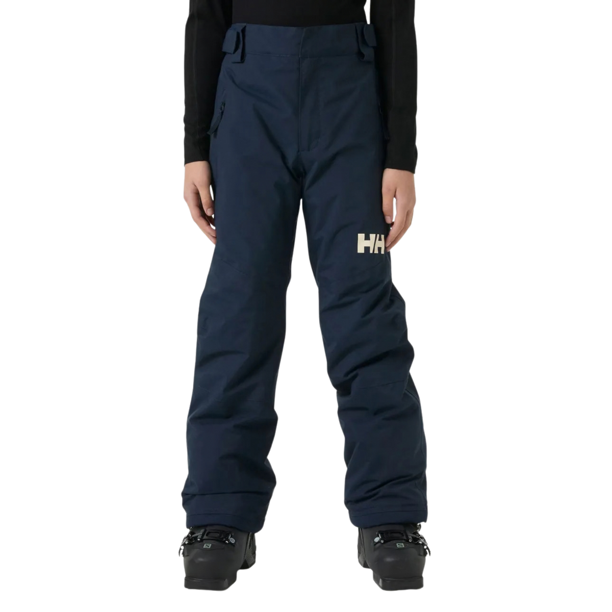 Front view of Helly Hansen Junior Legendary Pants in Navy with waterproof 2-layer shell, adjustable waistband and YKK zippered hand pockets