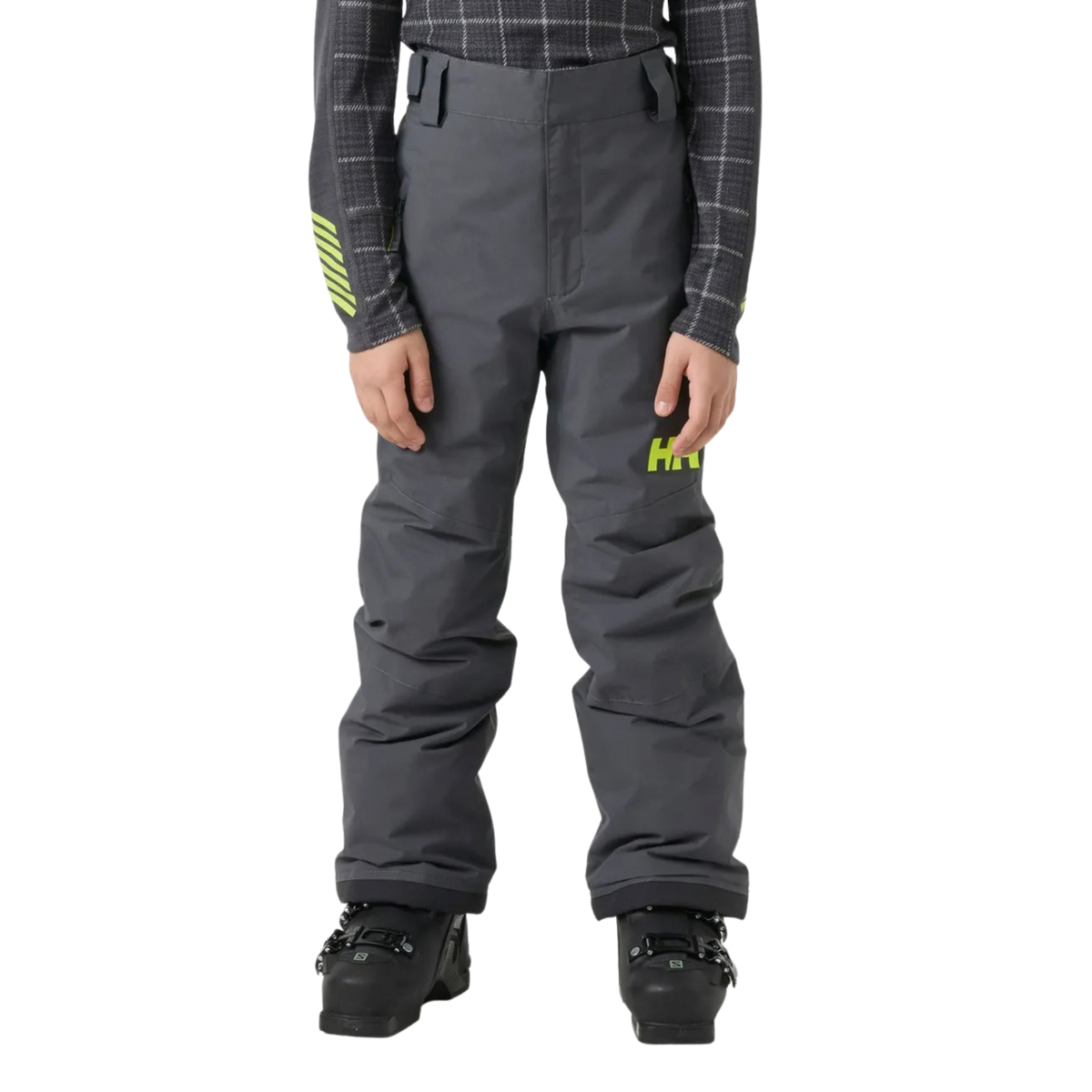 Front view of Helly Hansen Junior Legendary Pants in Thunder Grey with waterproof 2-layer shell, adjustable waistband and YKK zippered hand pockets